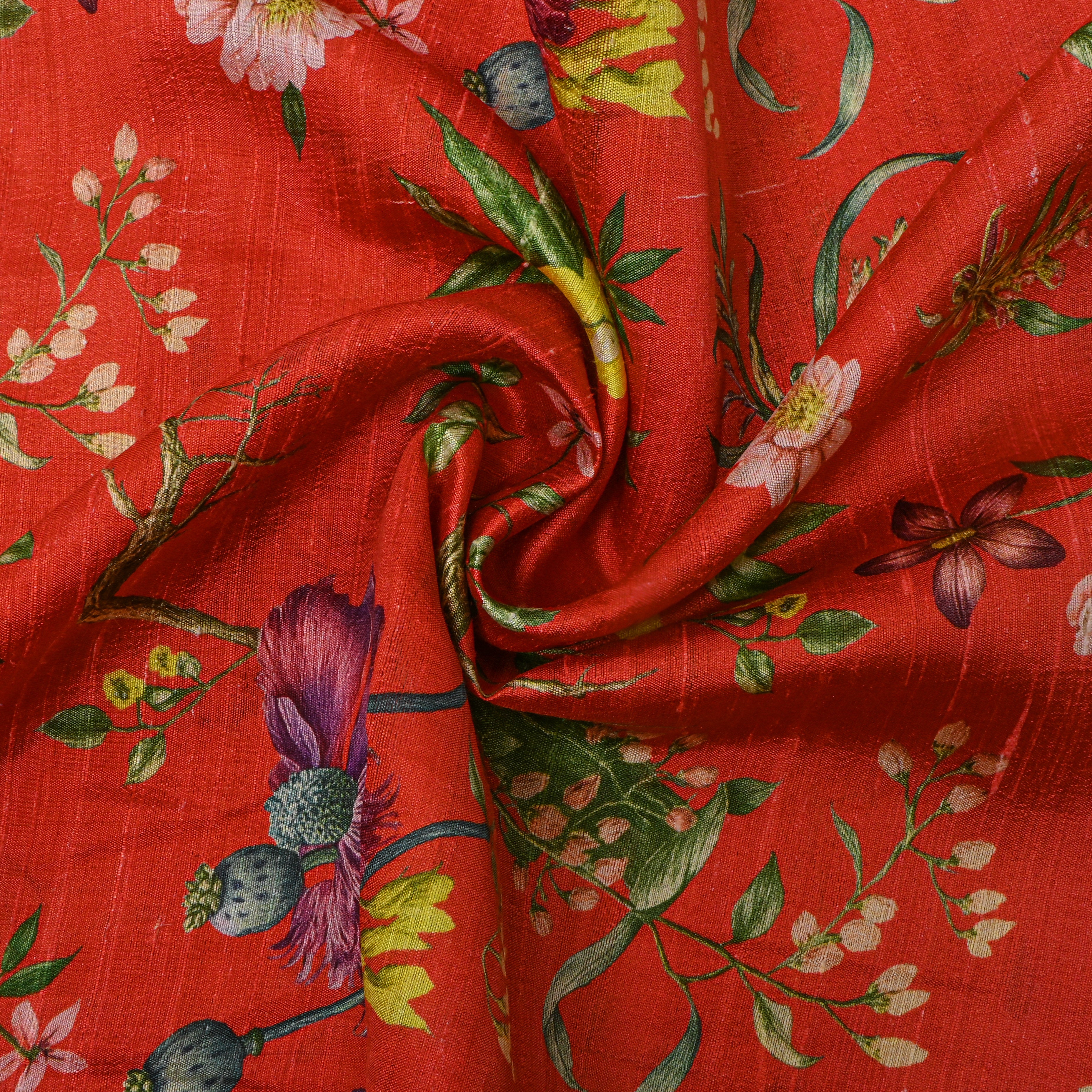 Coral Dupion Silk With Floral Print