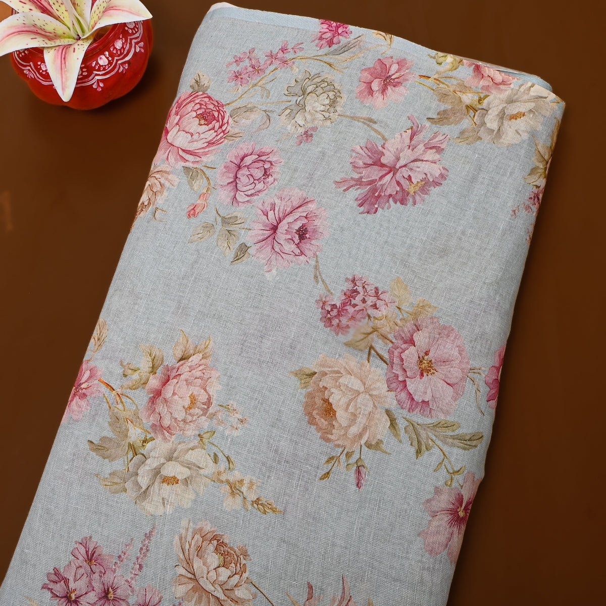 Dove Blue Floral Print Linen Fabric