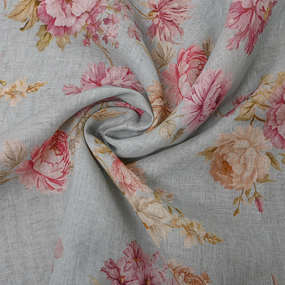 Dove Blue Floral Print Linen Fabric