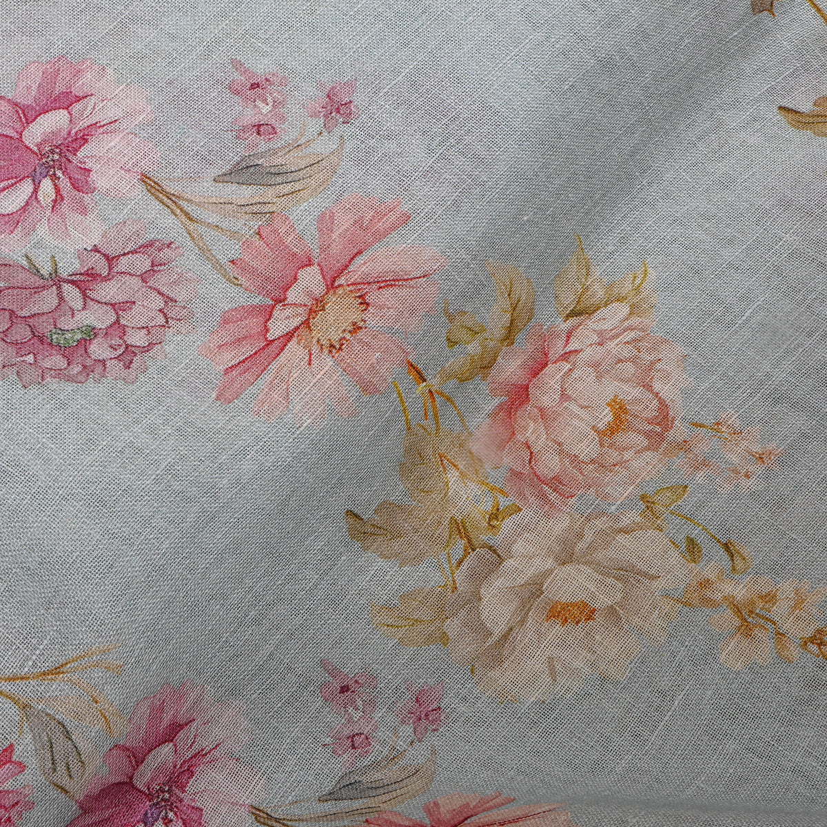 Dove Blue Floral Print Linen Fabric