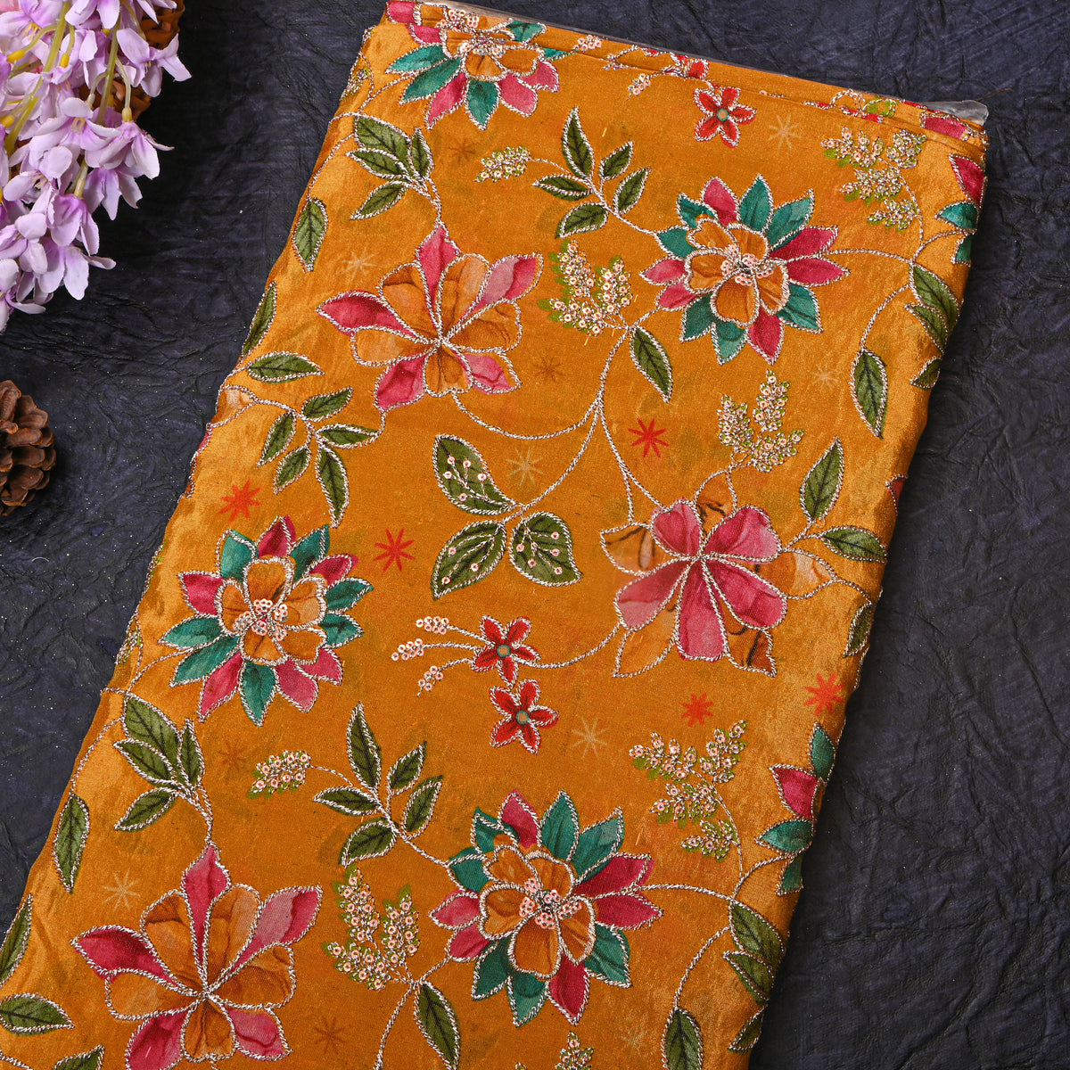 Butterscotch Yellow Gold Zari Floral Jaal Printed Embroidery Tissue Fabric