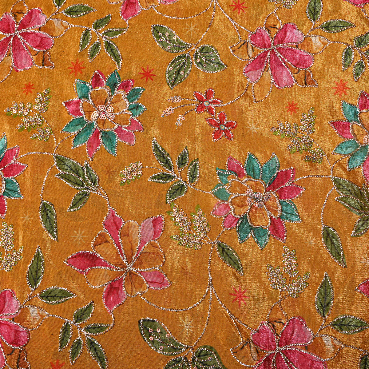 Butterscotch Yellow Gold Zari Floral Jaal Printed Embroidery Tissue Fabric