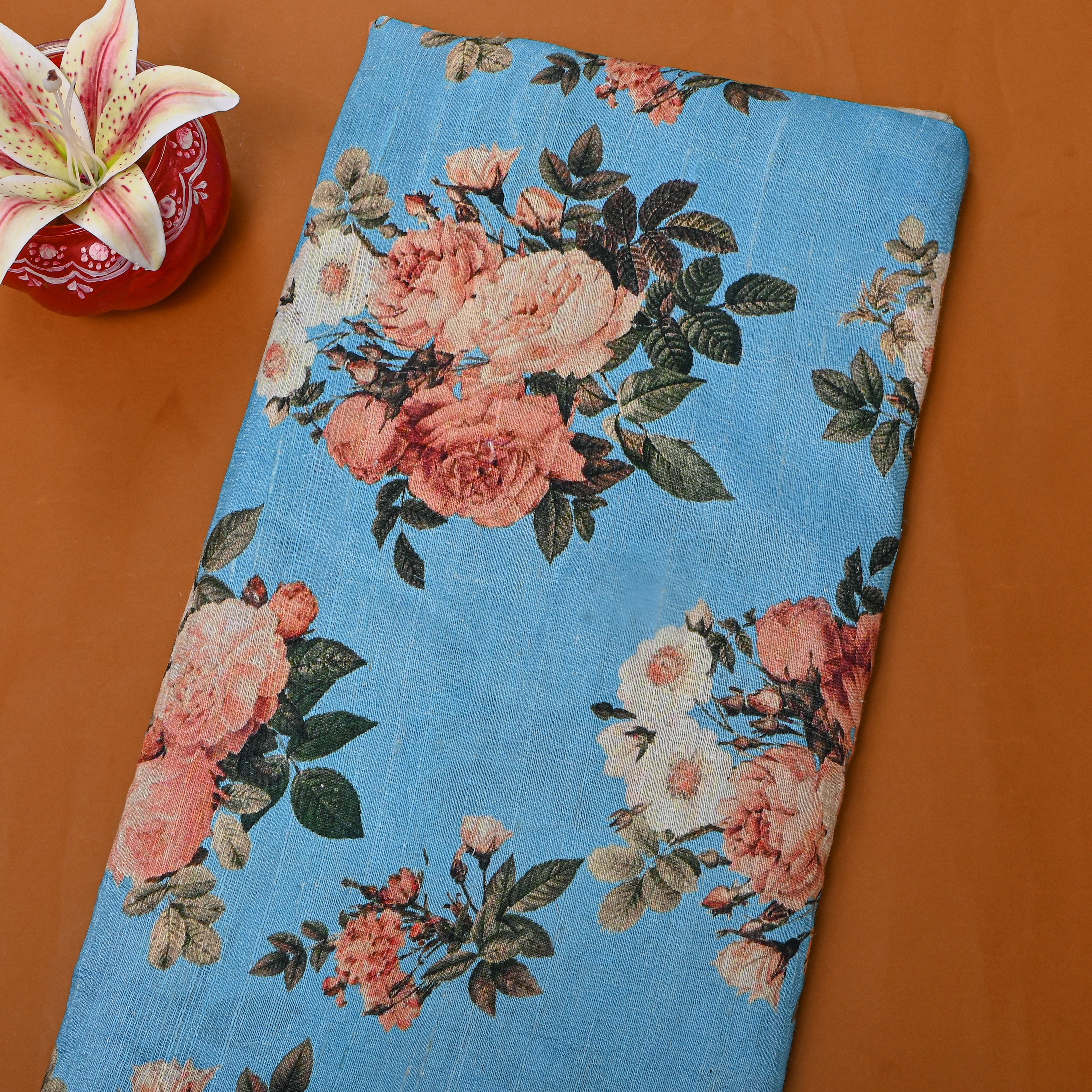 Sky Blue Floral Printed Dupion Silk Fabric