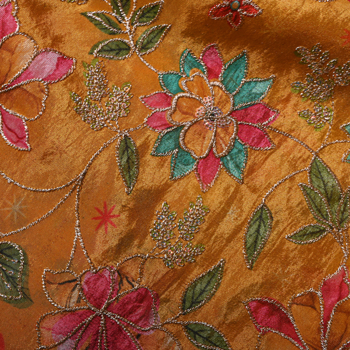 Butterscotch Yellow Gold Zari Floral Jaal Printed Embroidery Tissue Fabric