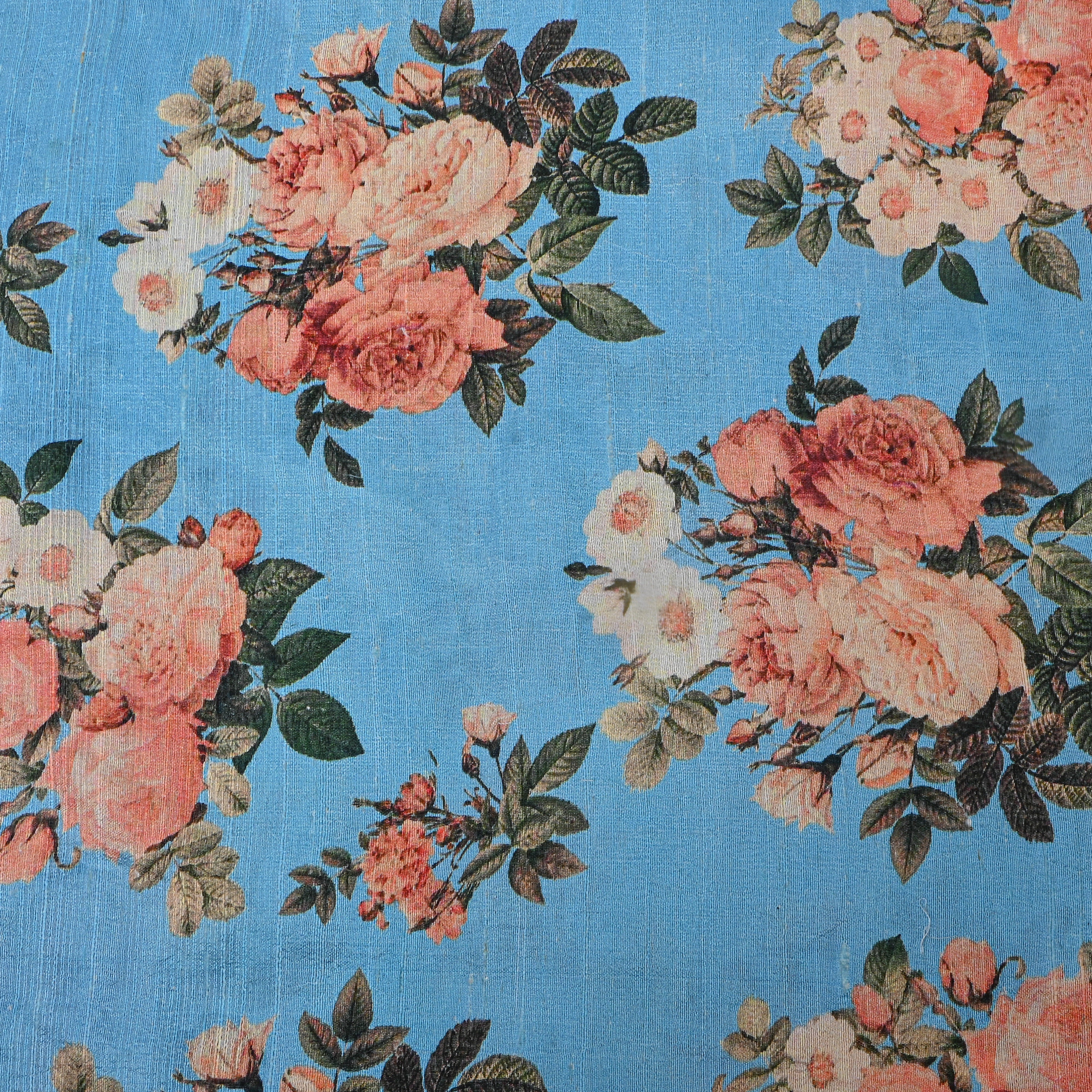 Sky Blue Floral Printed Dupion Silk Fabric