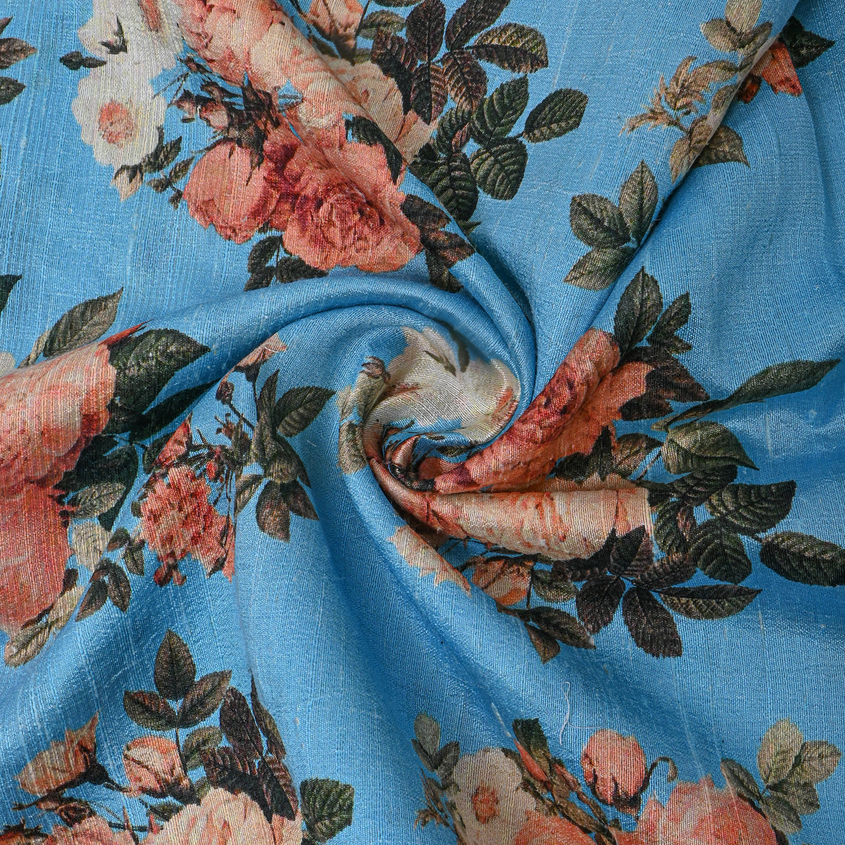 Sky Blue Floral Printed Dupion Silk Fabric