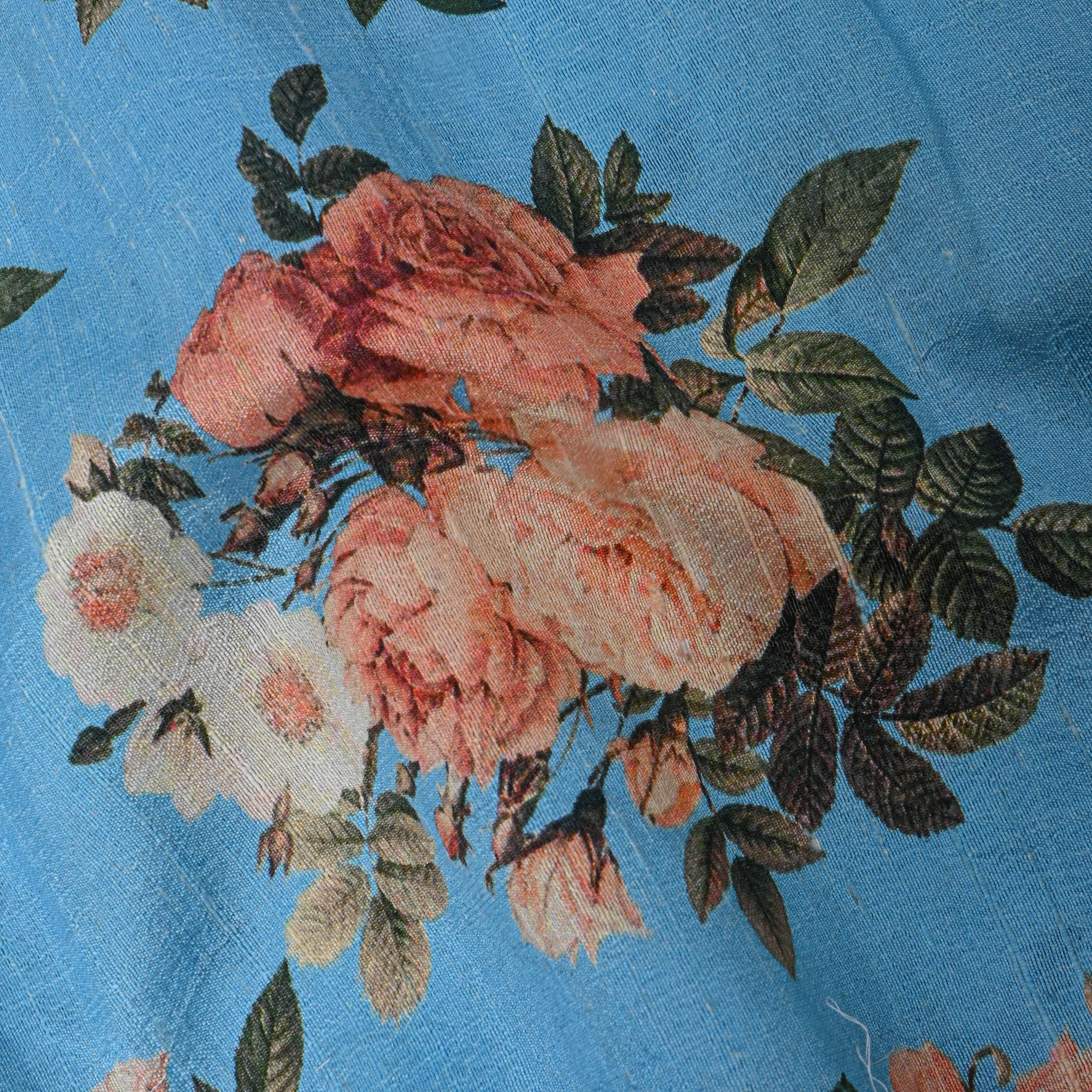 Sky Blue Floral Printed Dupion Silk Fabric