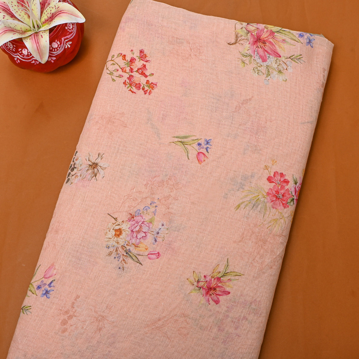 Blush Peach Floral Print Linen Fabric