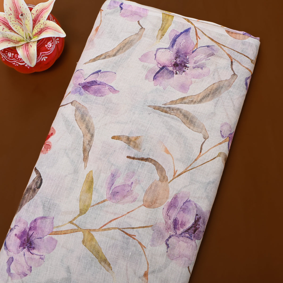 Frost White Floral Print Linen Fabric