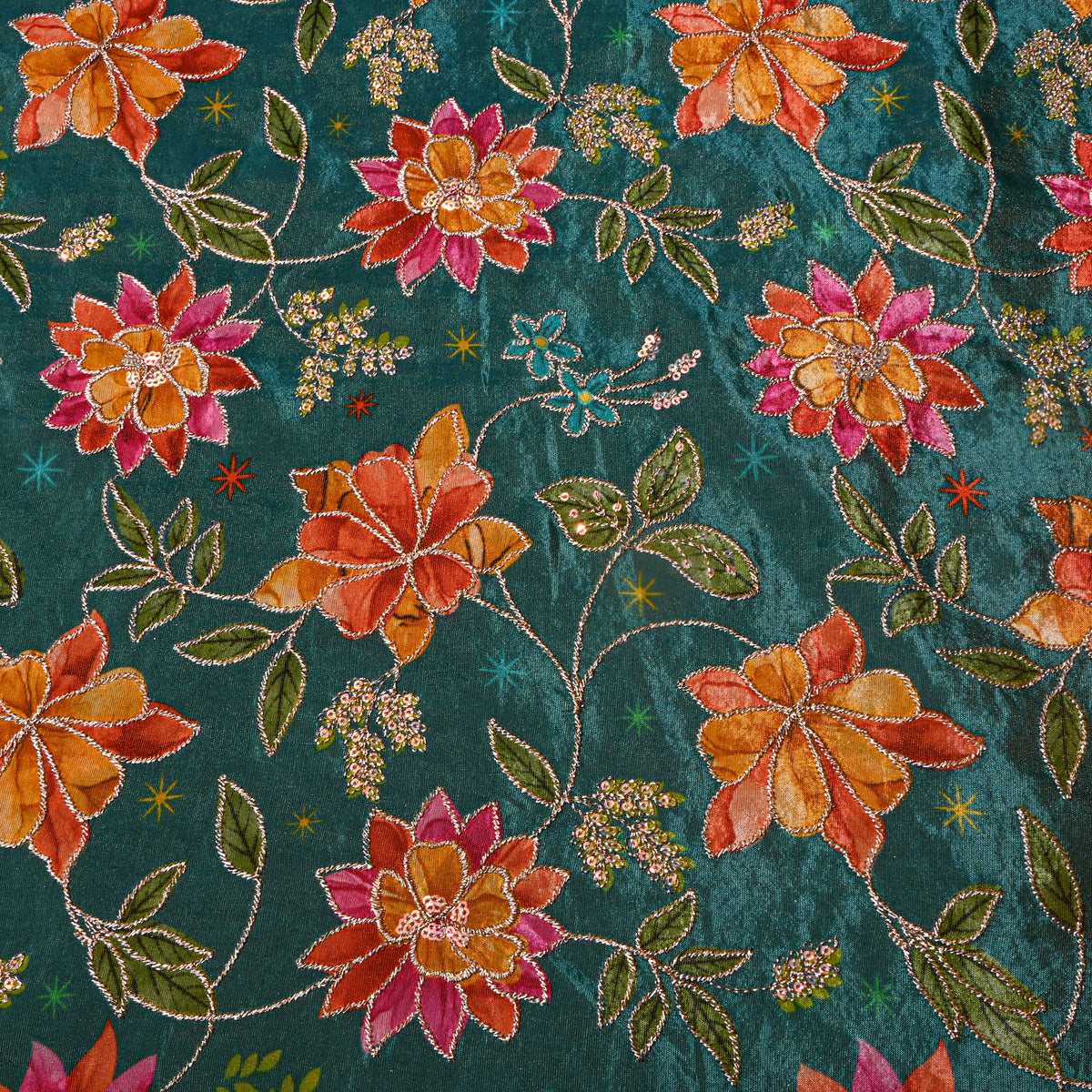 Lagoon Green Gold Zari Floral Jaal Printed Embroidery Tissue Fabric