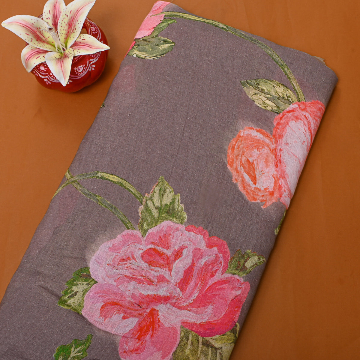 Gray Floral Printed Dupion Silk Fabric