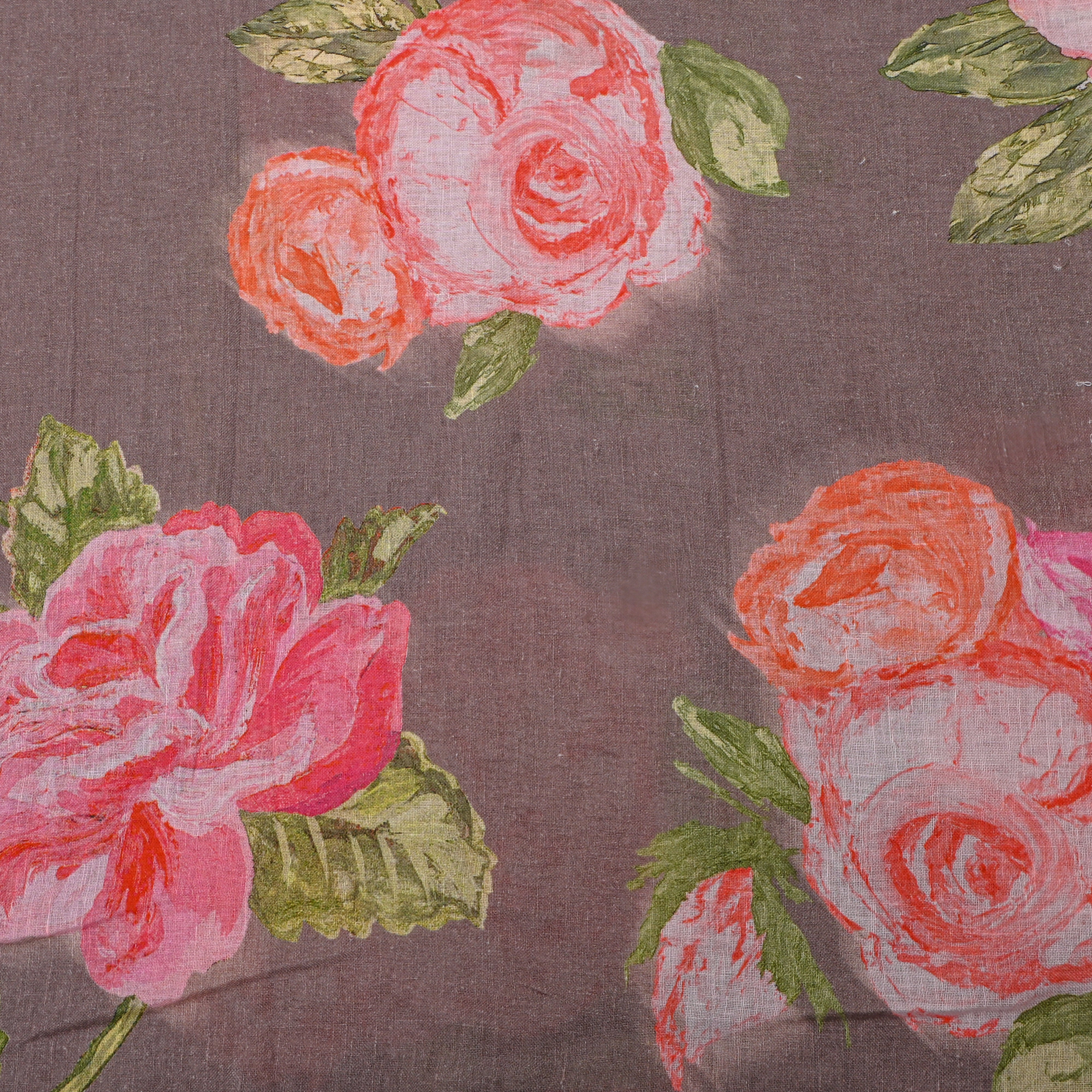 Gray Floral Printed Dupion Silk Fabric