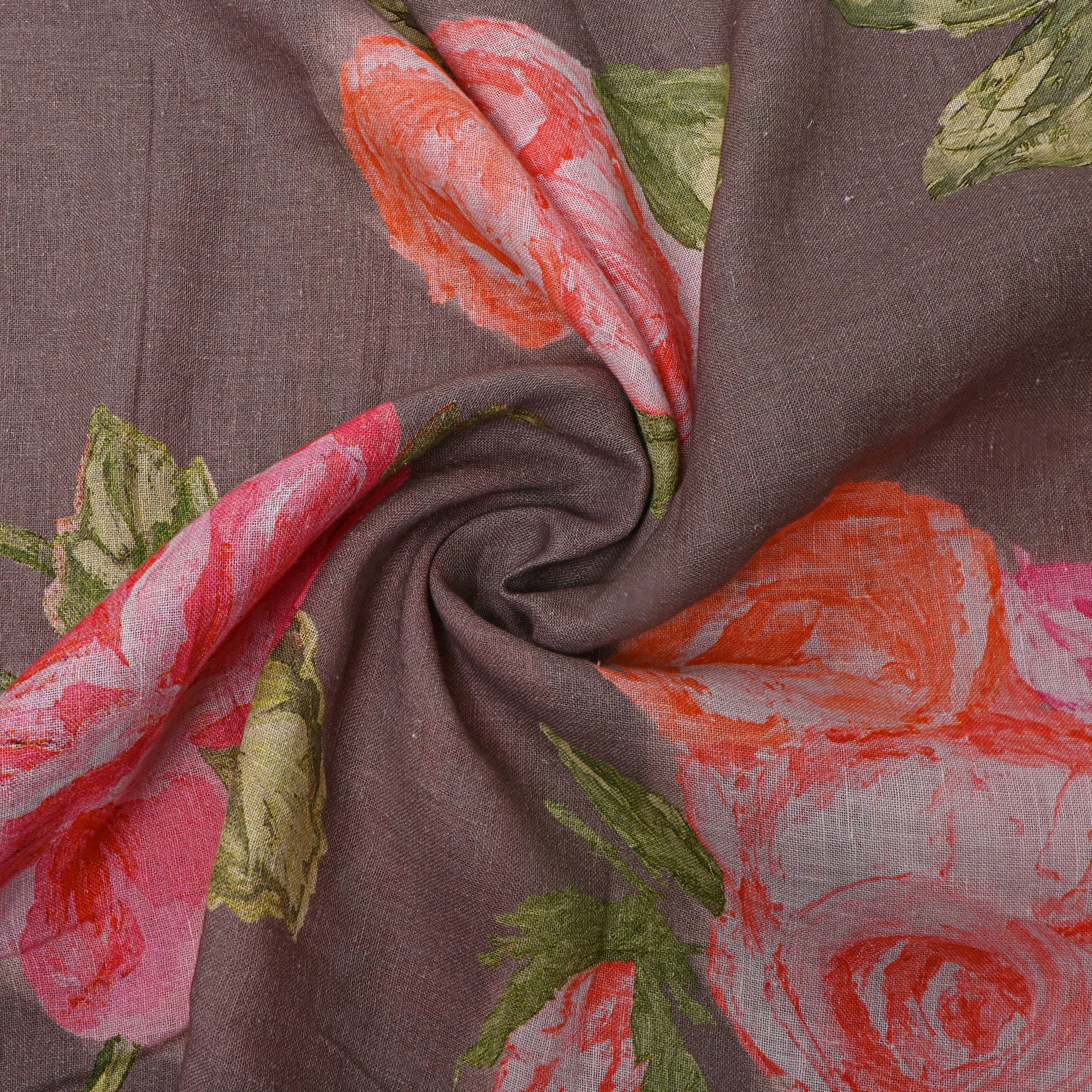 Gray Floral Printed Dupion Silk Fabric