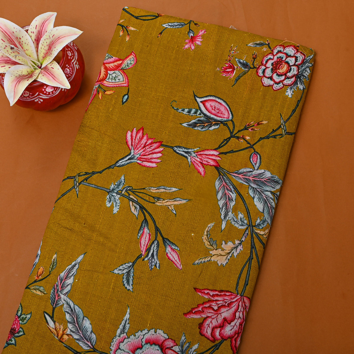 Dark Mustard Yellow Digital Printed Silk Fabric