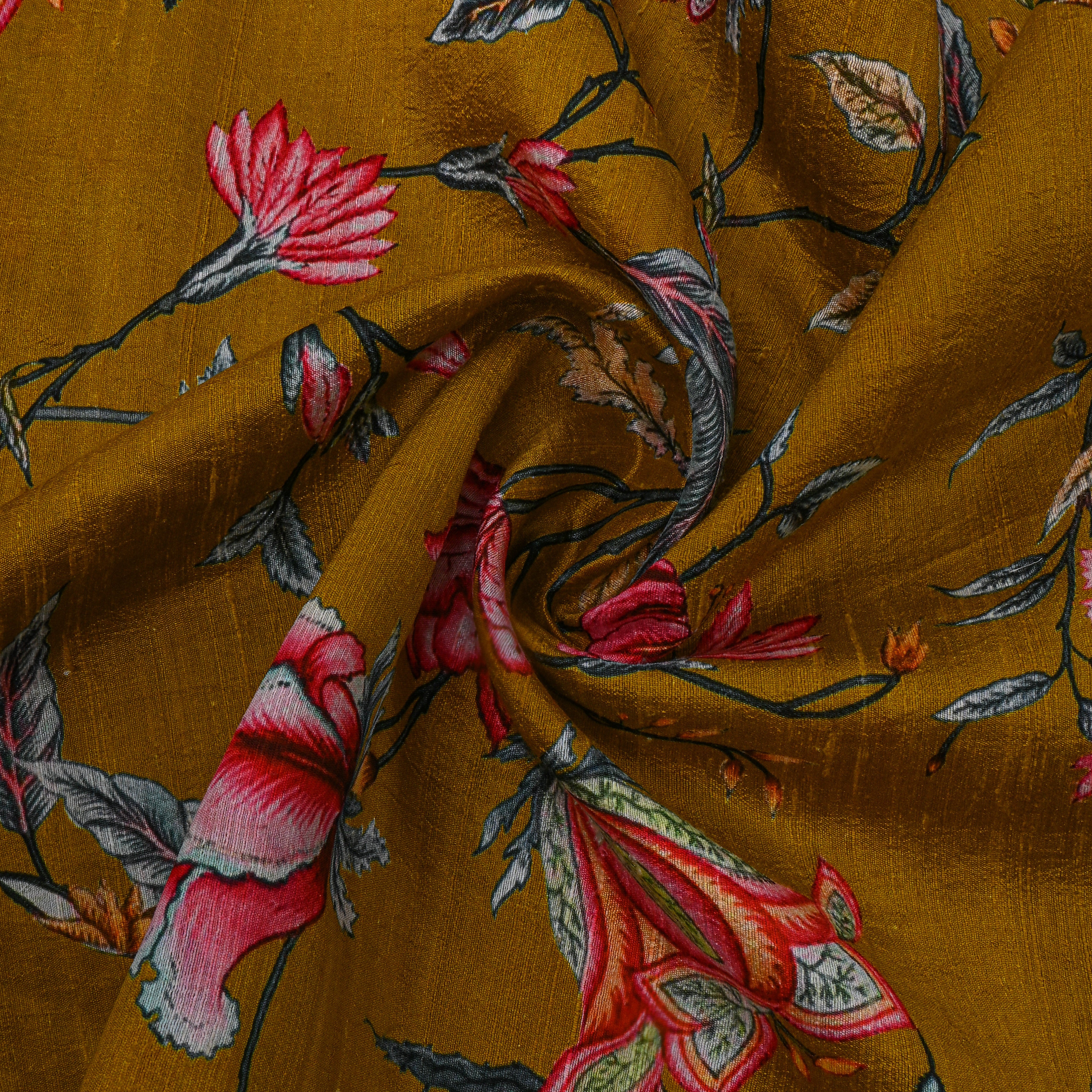 Dark Mustard Yellow Digital Printed Silk Fabric