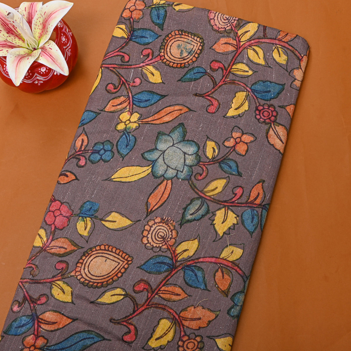 Pastel Grey Dupion Silk With Kalamkari Print