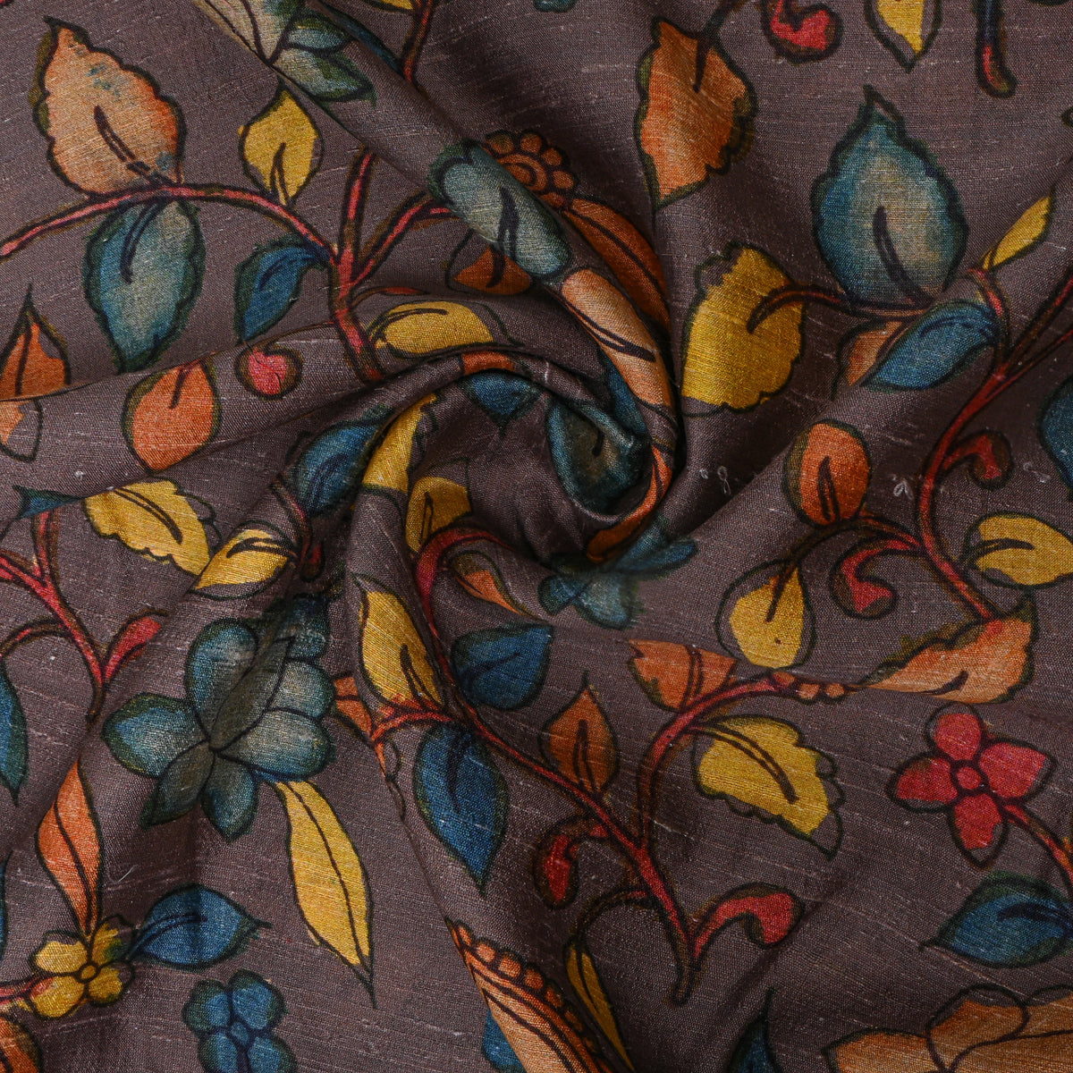 Pastel Grey Dupion Silk With Kalamkari Print