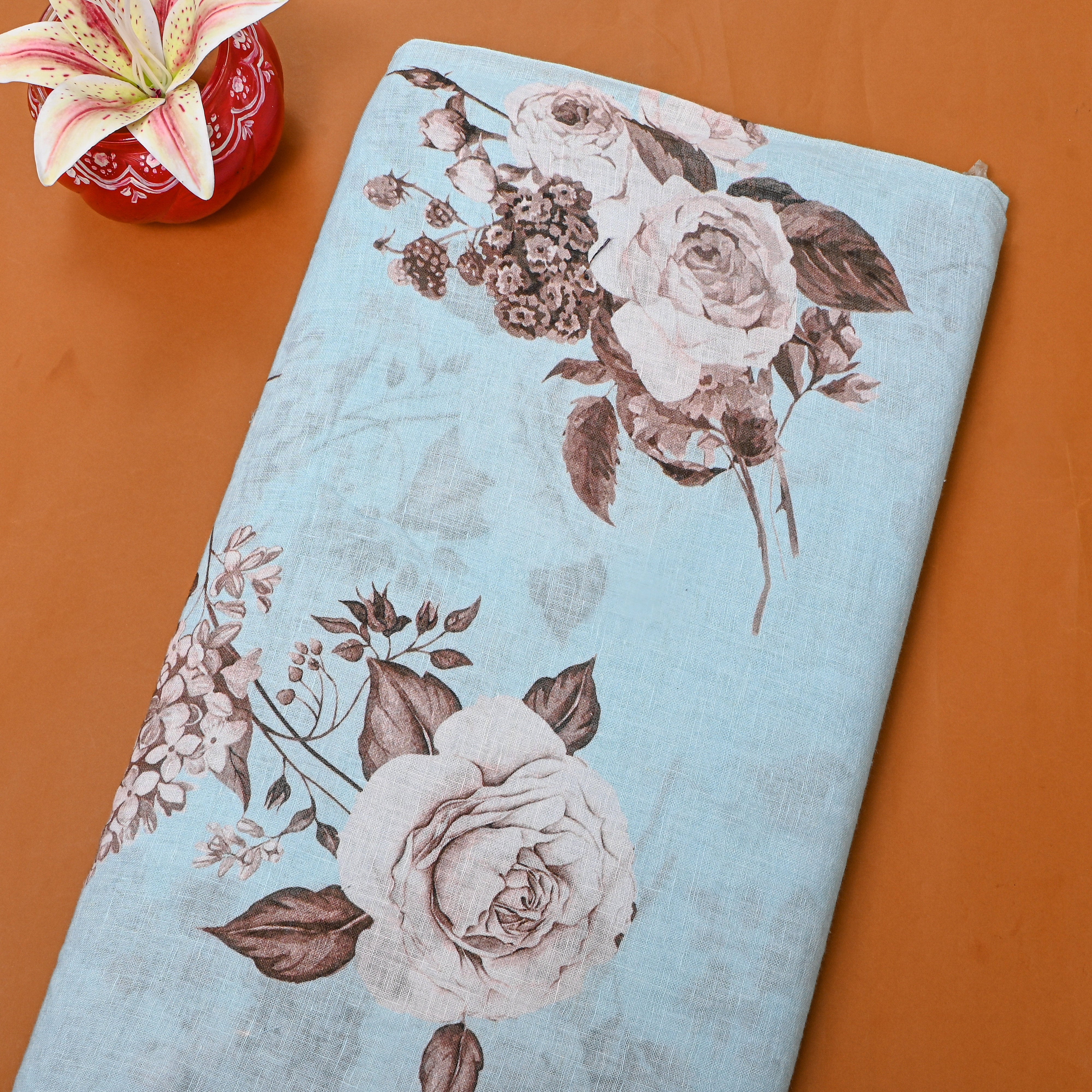 Blue Floral Printed Dupion Silk Fabric