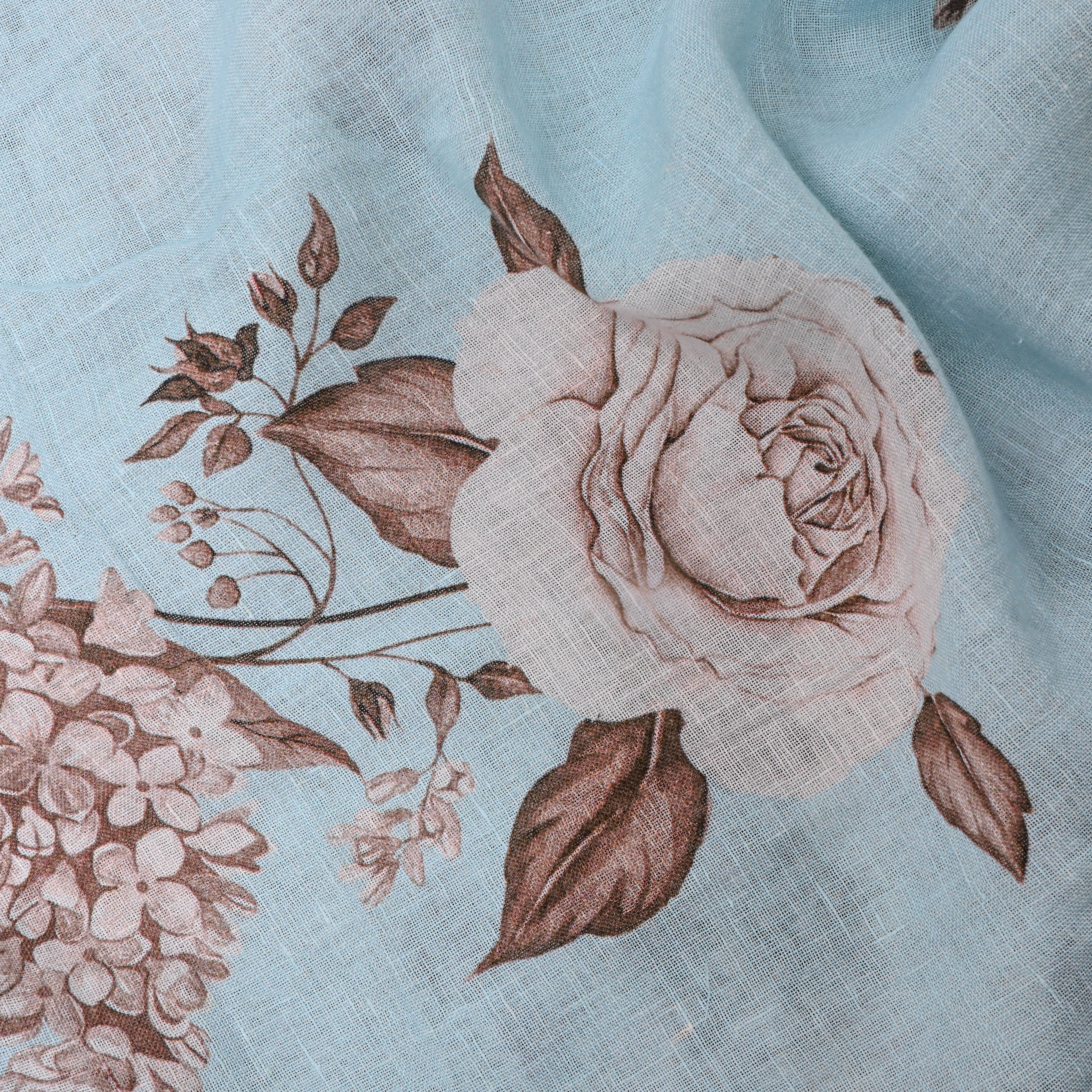 Blue Floral Printed Dupion Silk Fabric