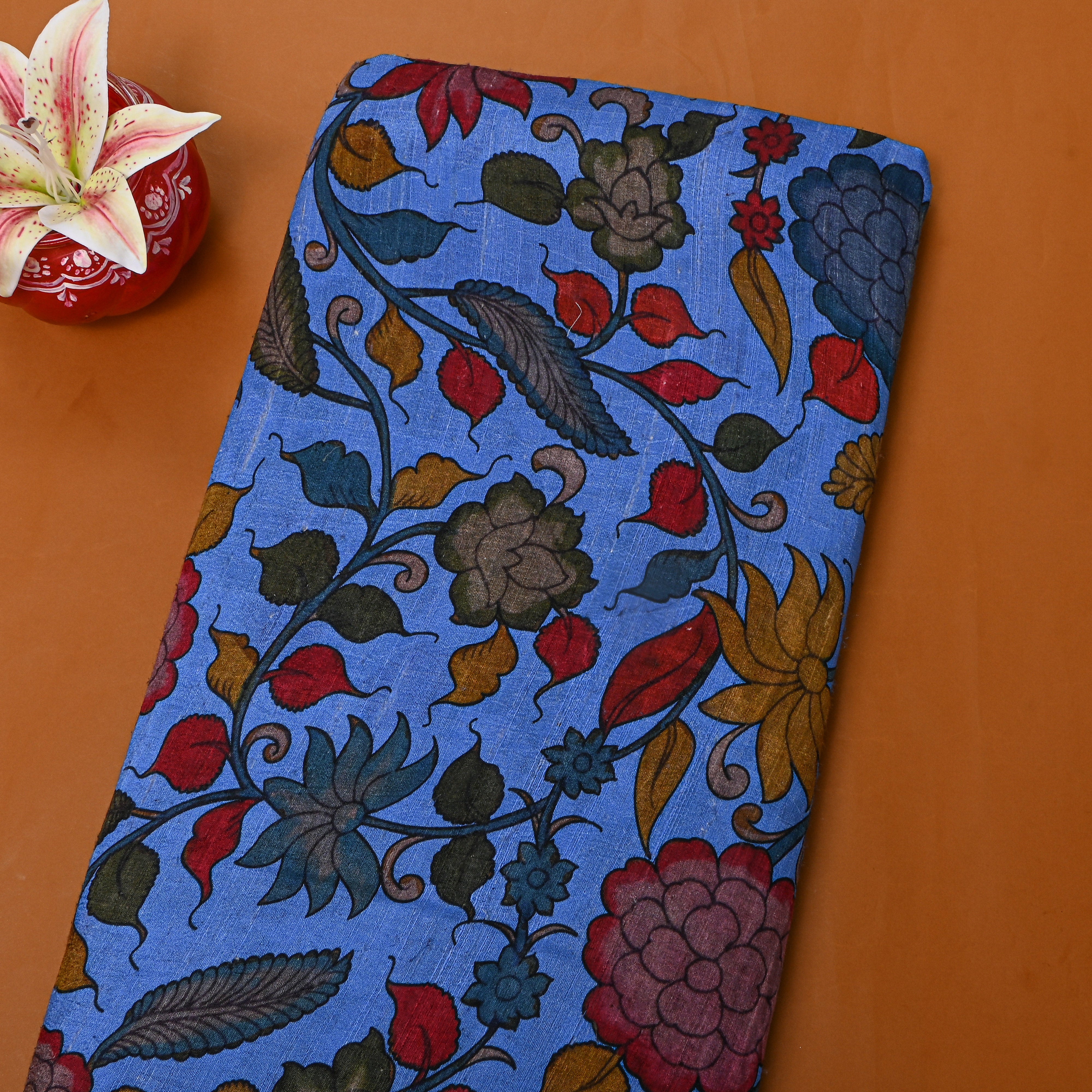 Blue Multicolour Digital Floral Printed Dupion Silk