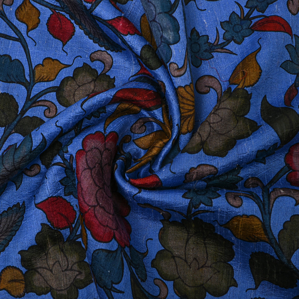 Blue Multicolour Digital Floral Printed Dupion Silk