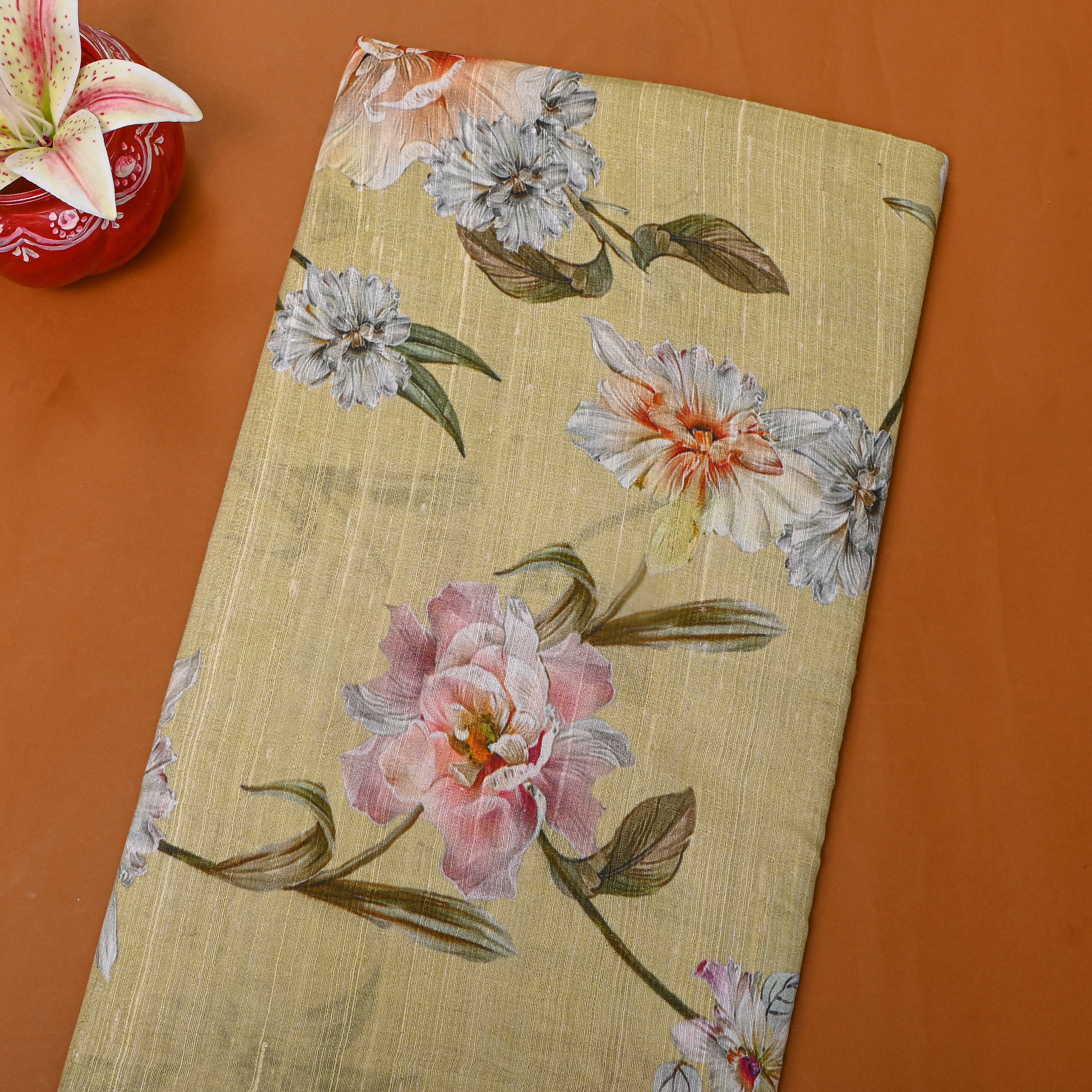 Beige Multicolour Floral Printed Dupion Silk