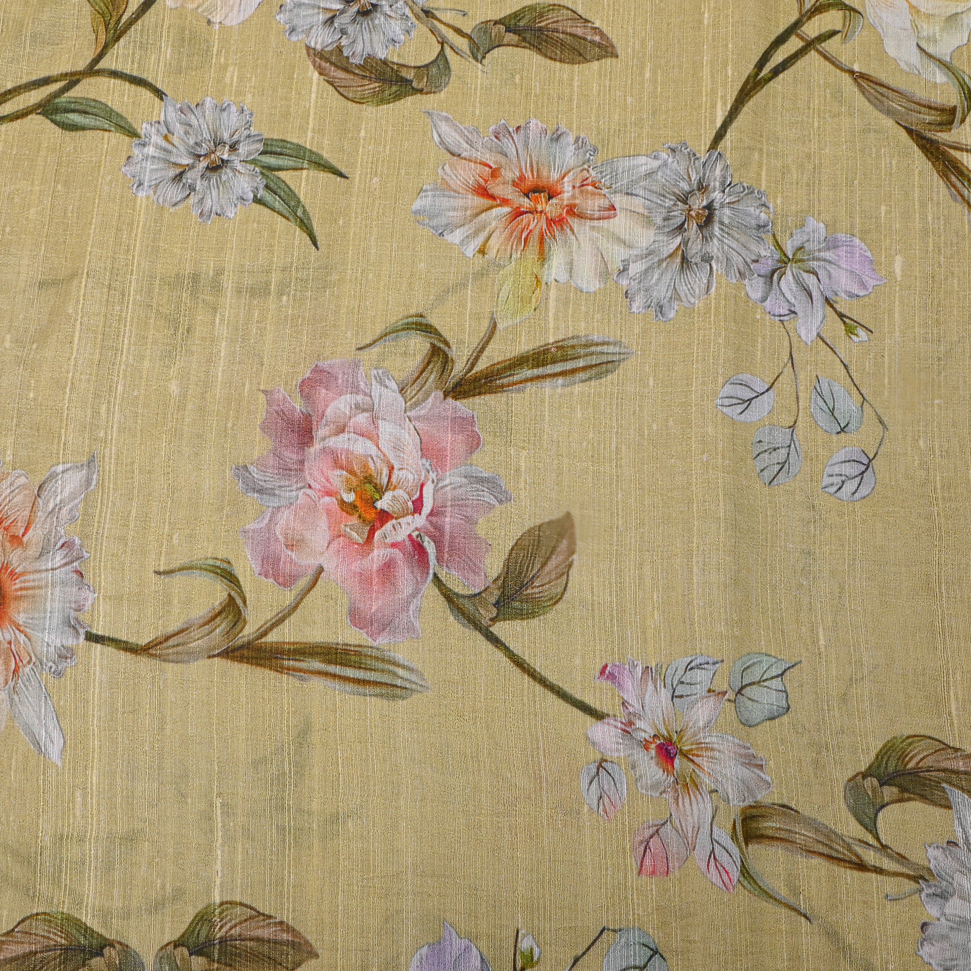 Beige Multicolour Floral Printed Dupion Silk