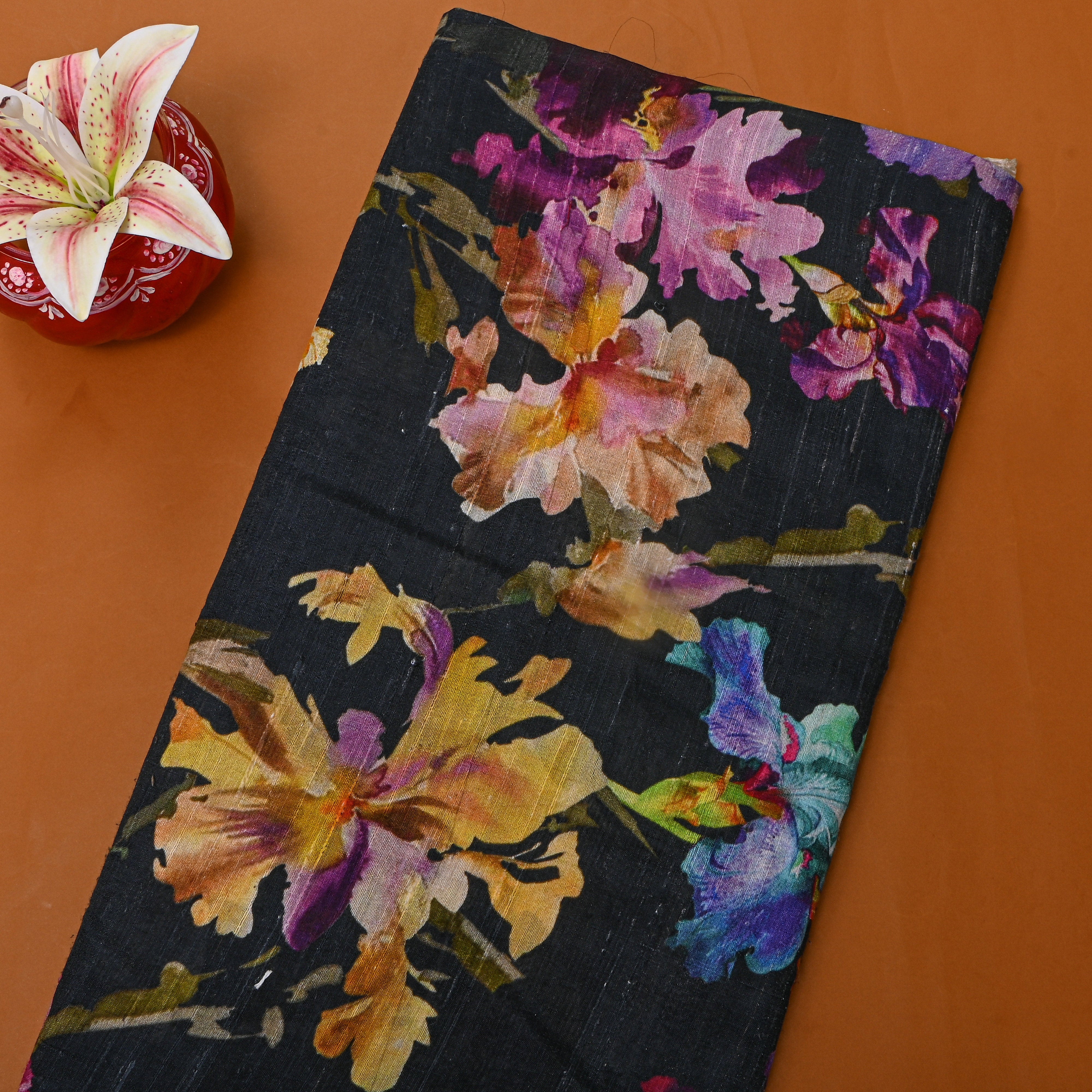Black Multicolour Floral Printed Dupion Silk