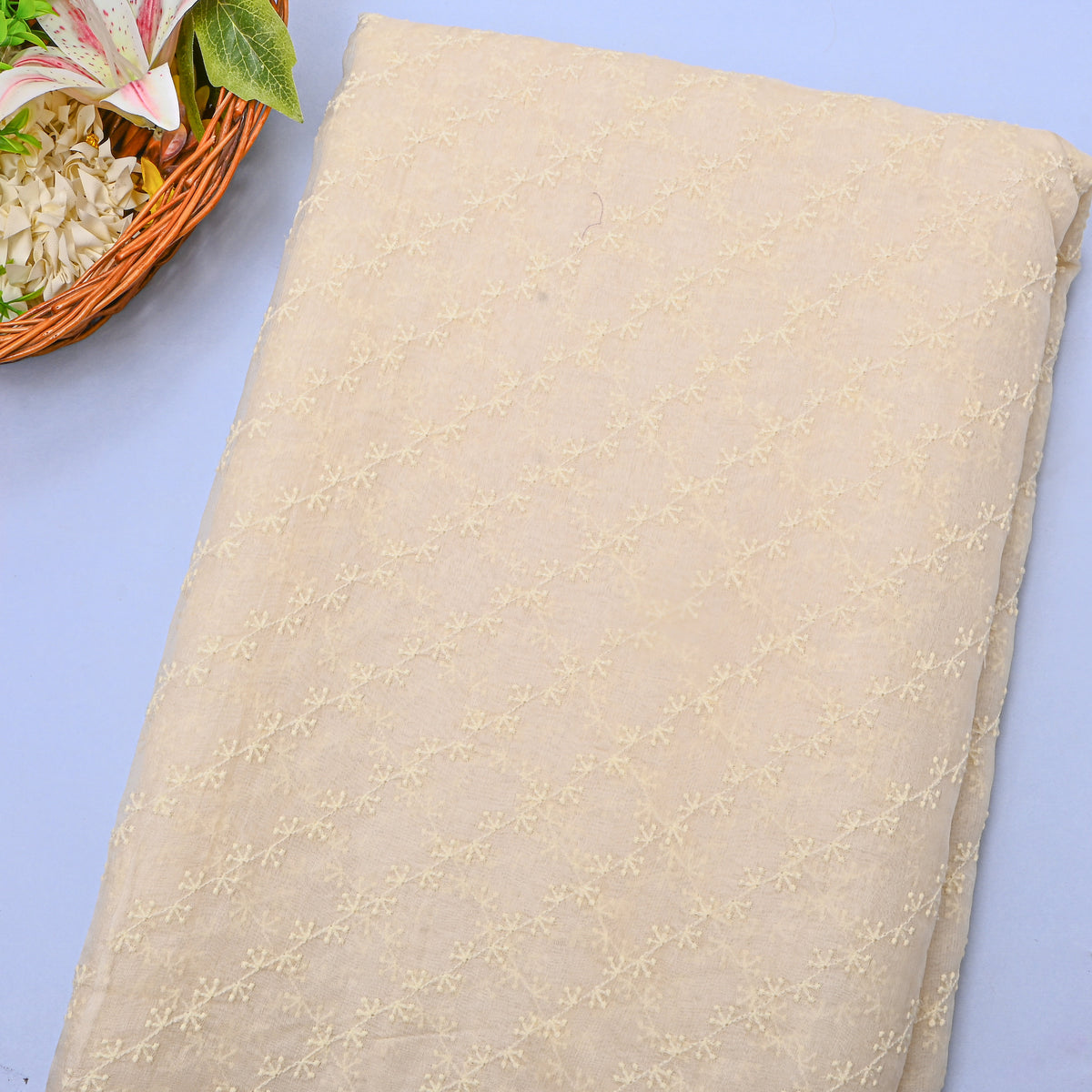 White Floral Embroider Thread Work Organza Tissue Fabric
