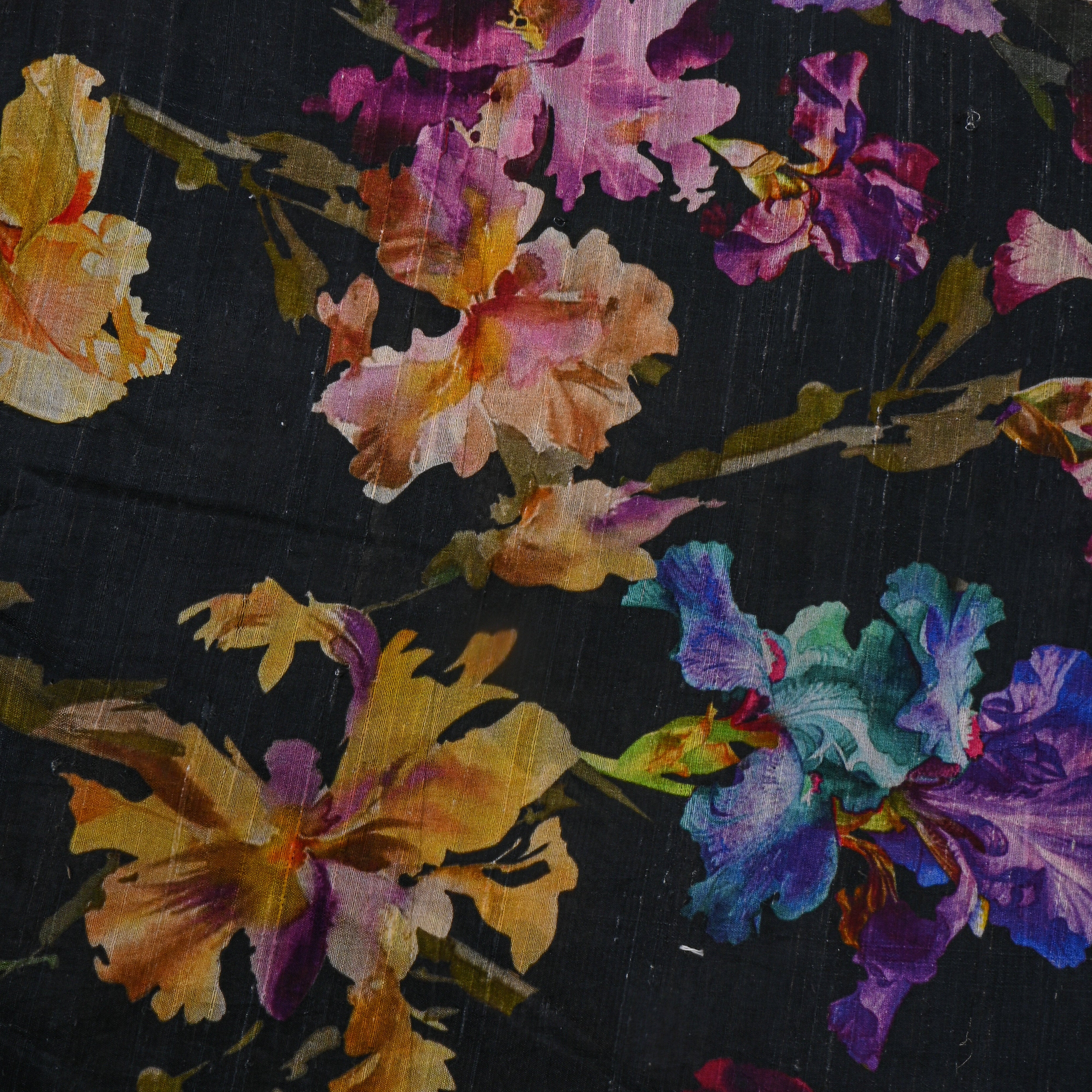 Black Multicolour Floral Printed Dupion Silk