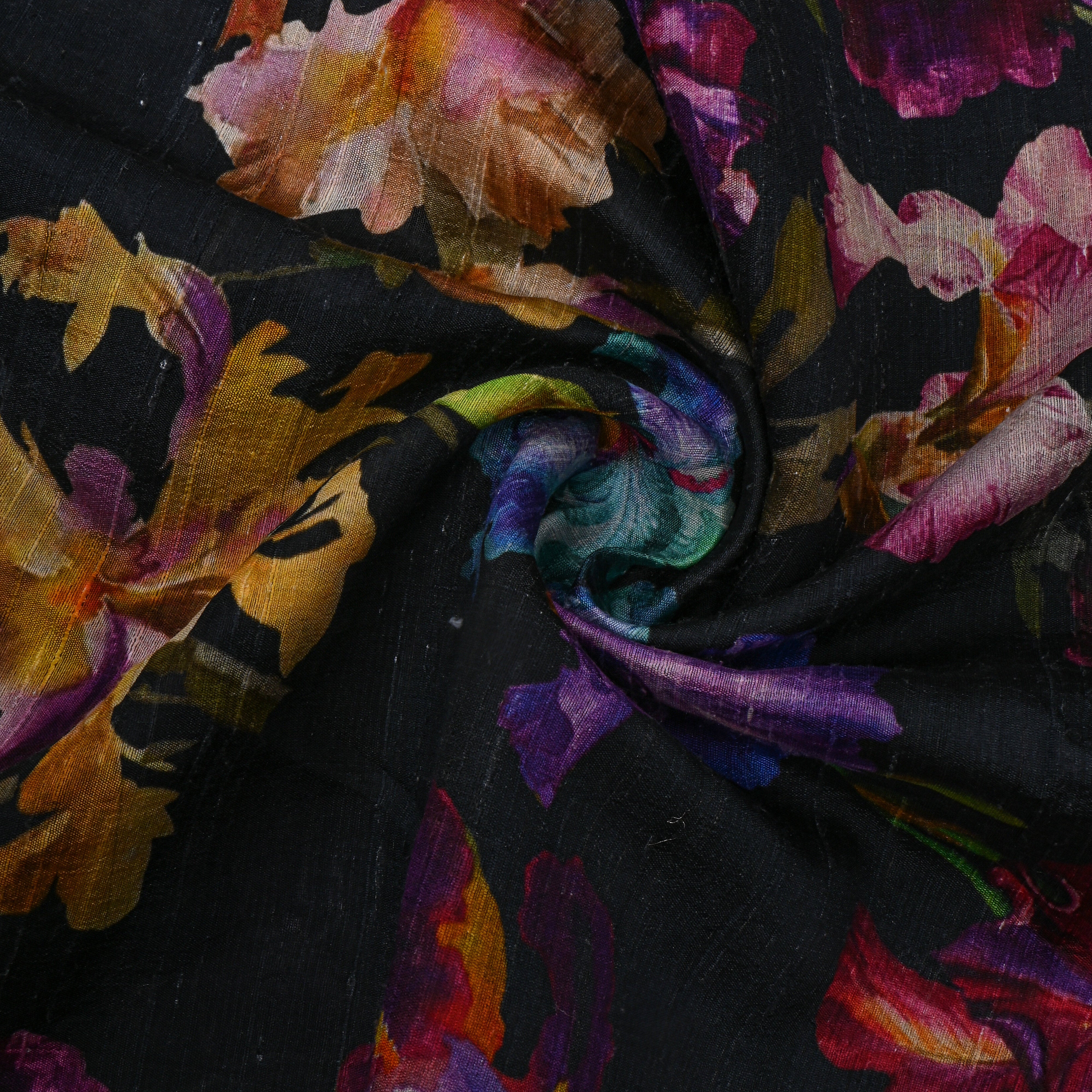 Black Multicolour Floral Printed Dupion Silk