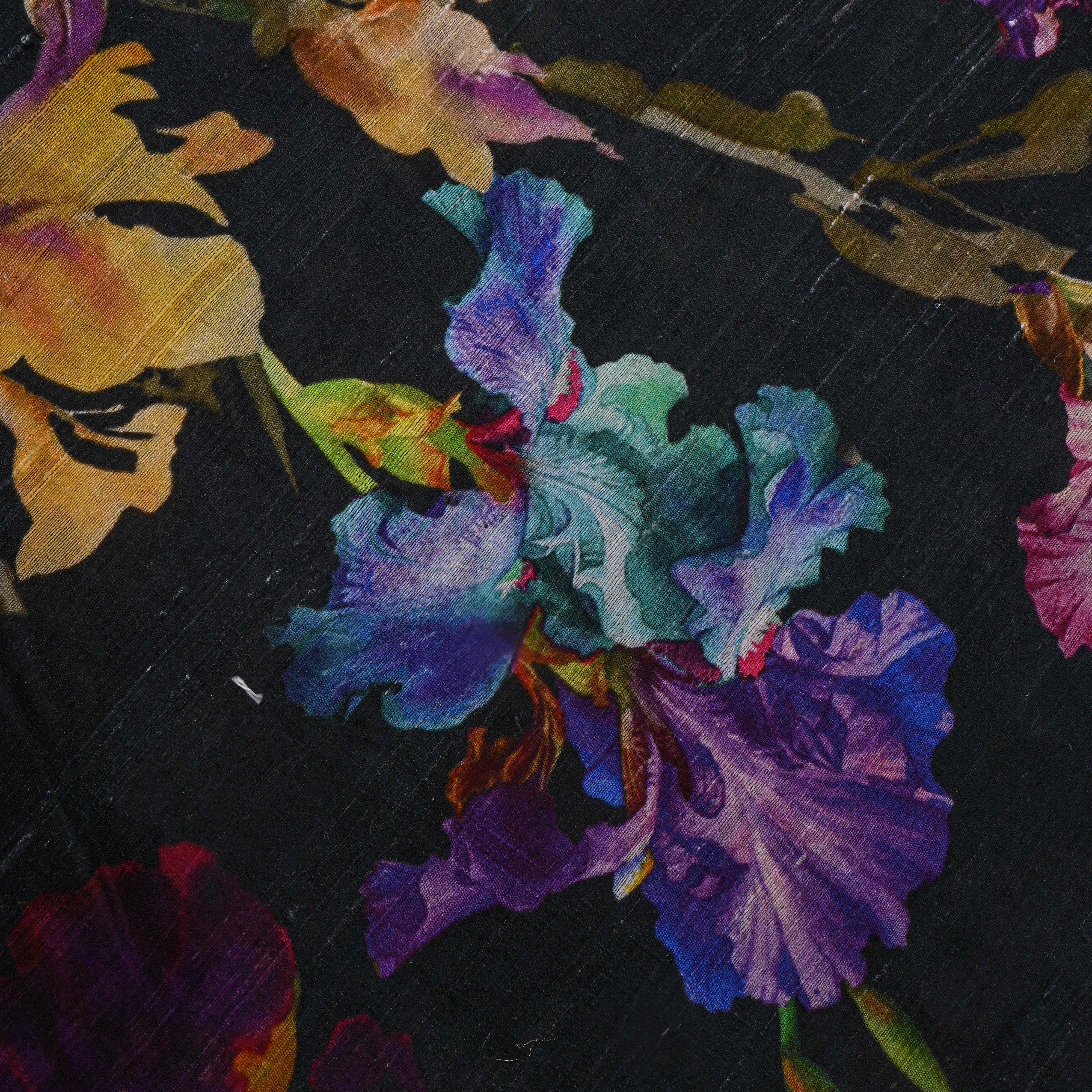 Black Multicolour Floral Printed Dupion Silk