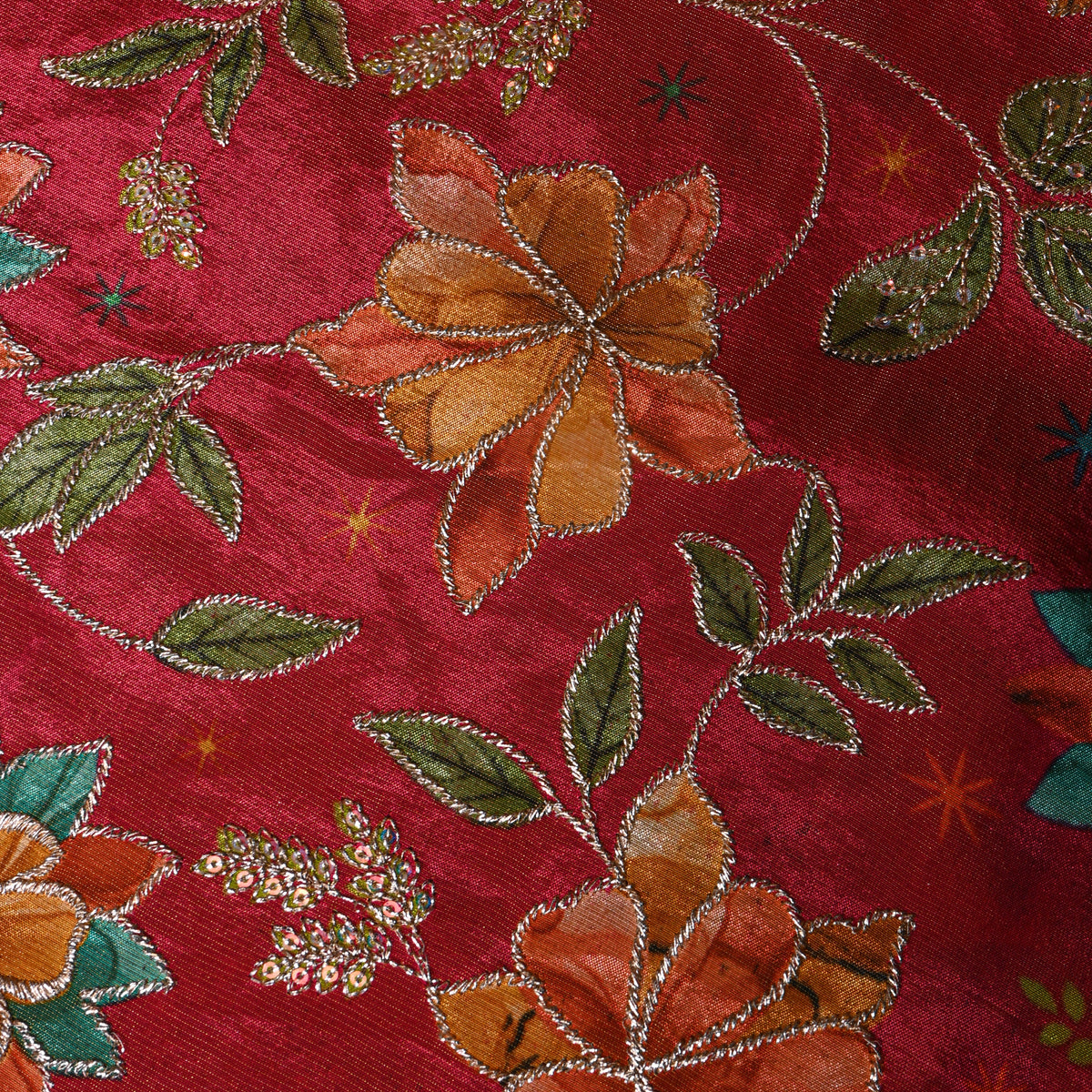 Pomegranate Red Gold Zari Floral Jaal Printed Embroidery Tissue Fabric