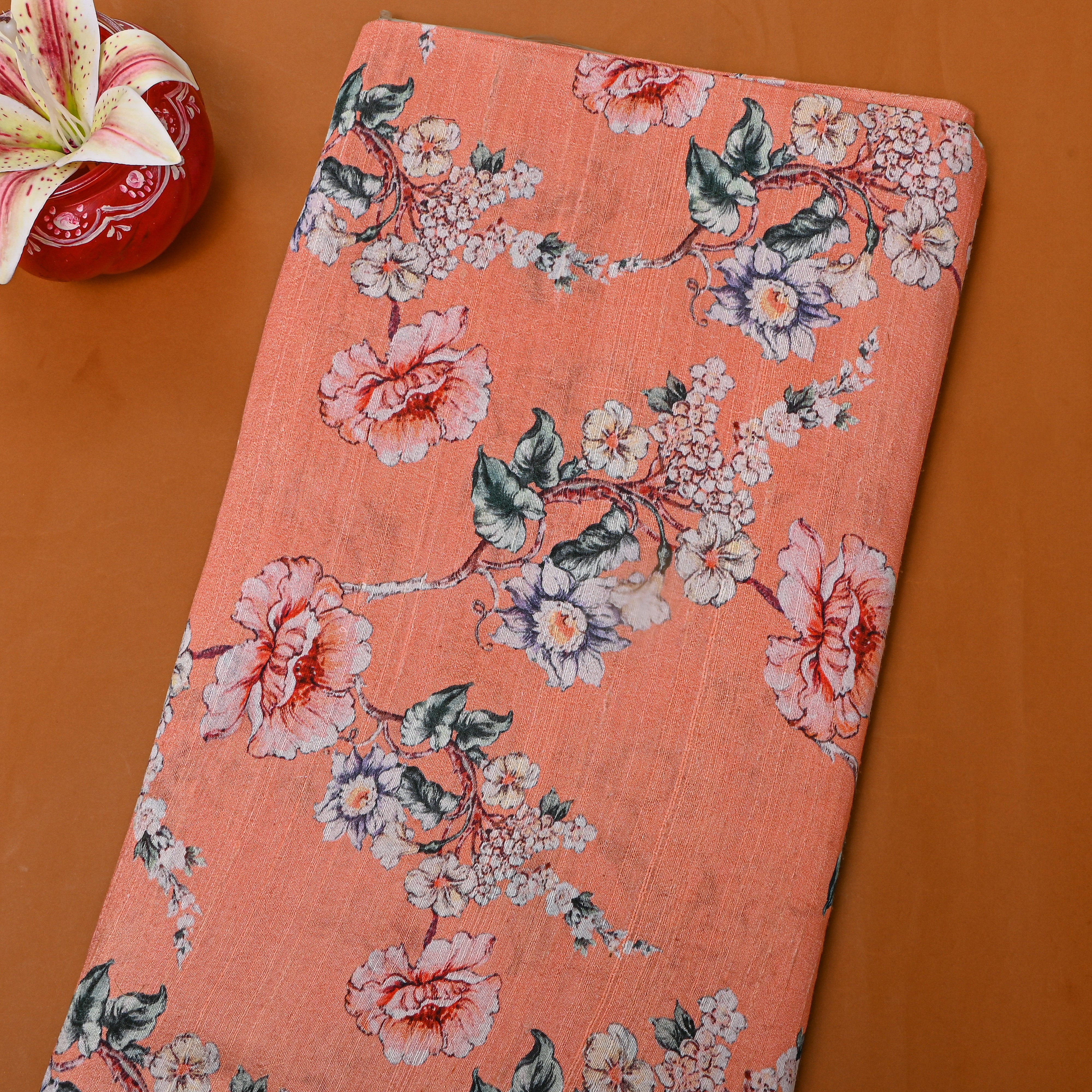 Peach Floral Print Dupion Silk Fabric