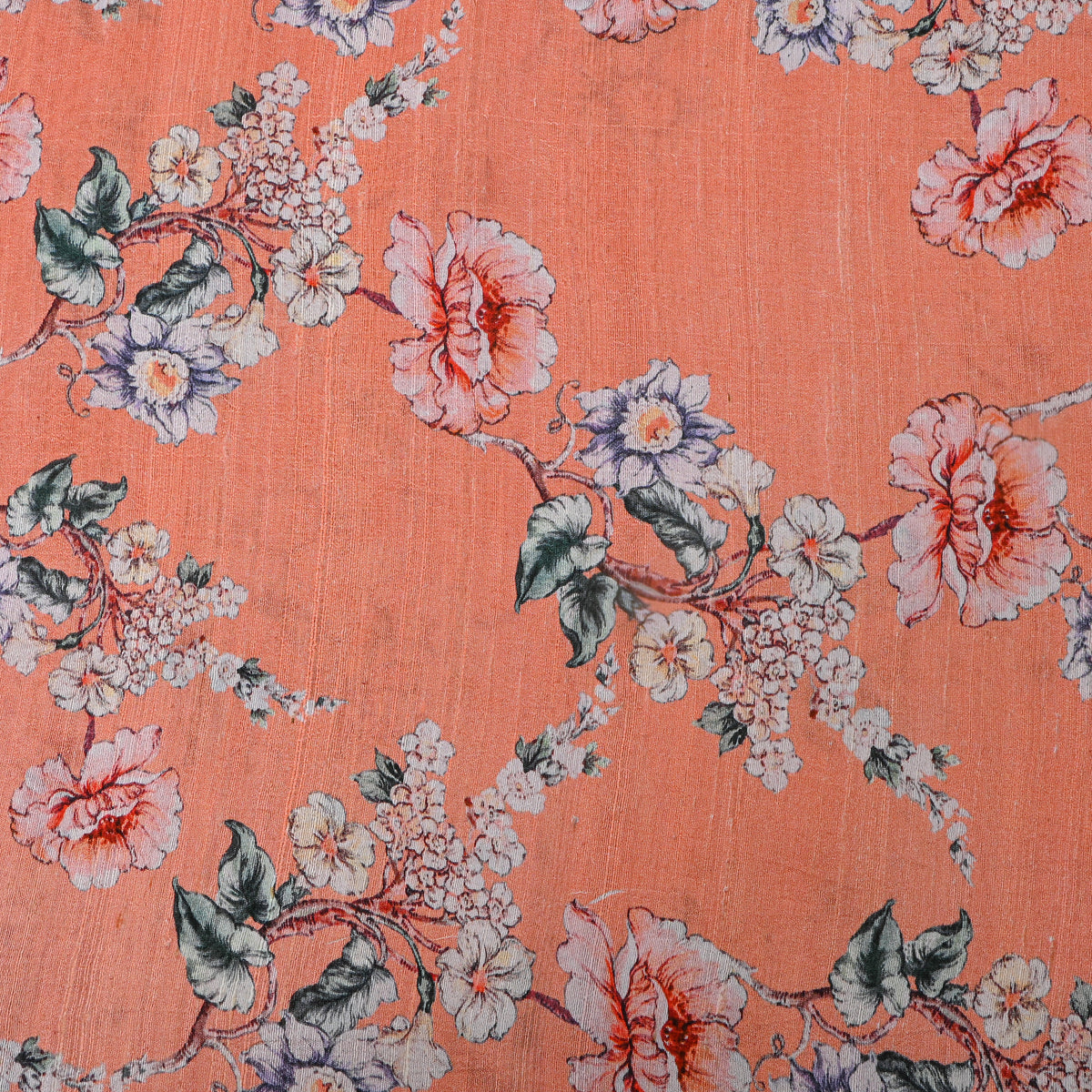 Peach Floral Print Dupion Silk Fabric