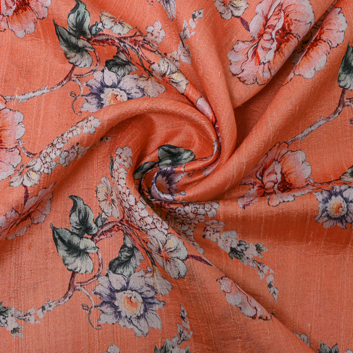 Peach Floral Print Dupion Silk Fabric