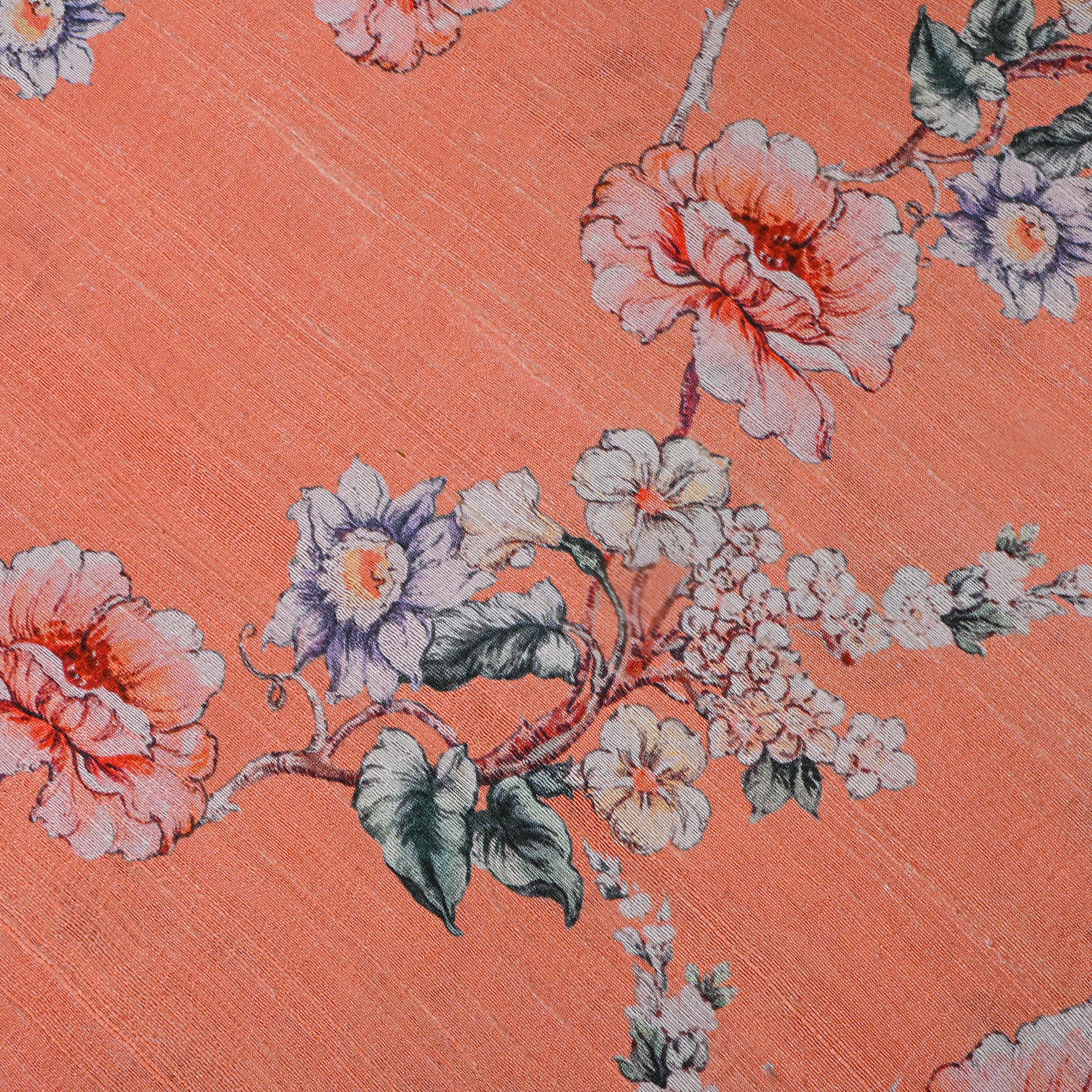 Peach Floral Print Dupion Silk Fabric