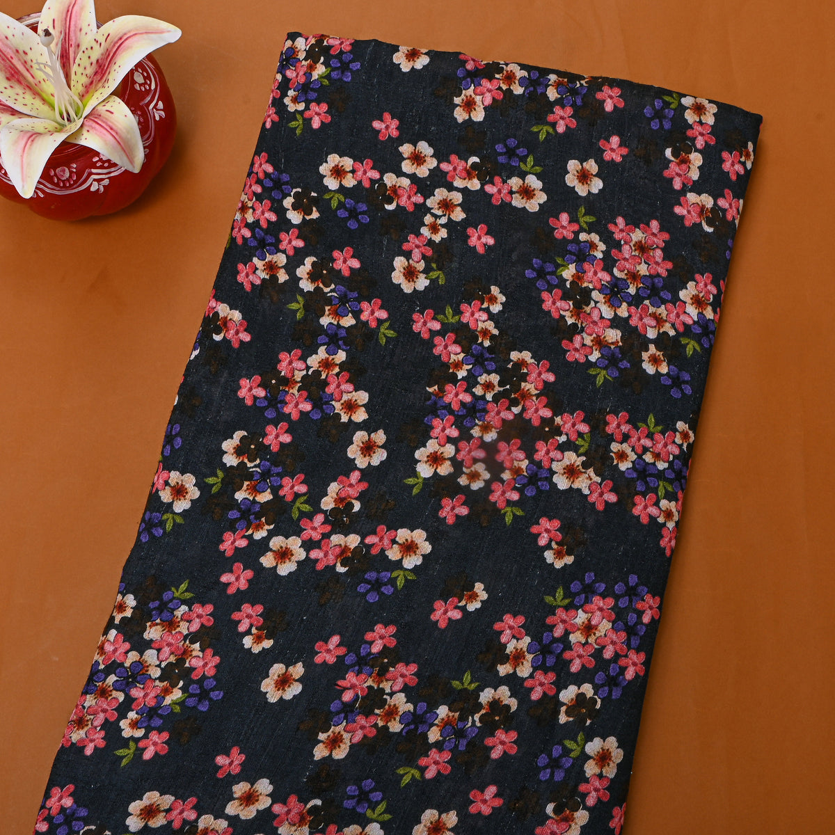 Midnight Black Floral Digital Print Silk Fabric