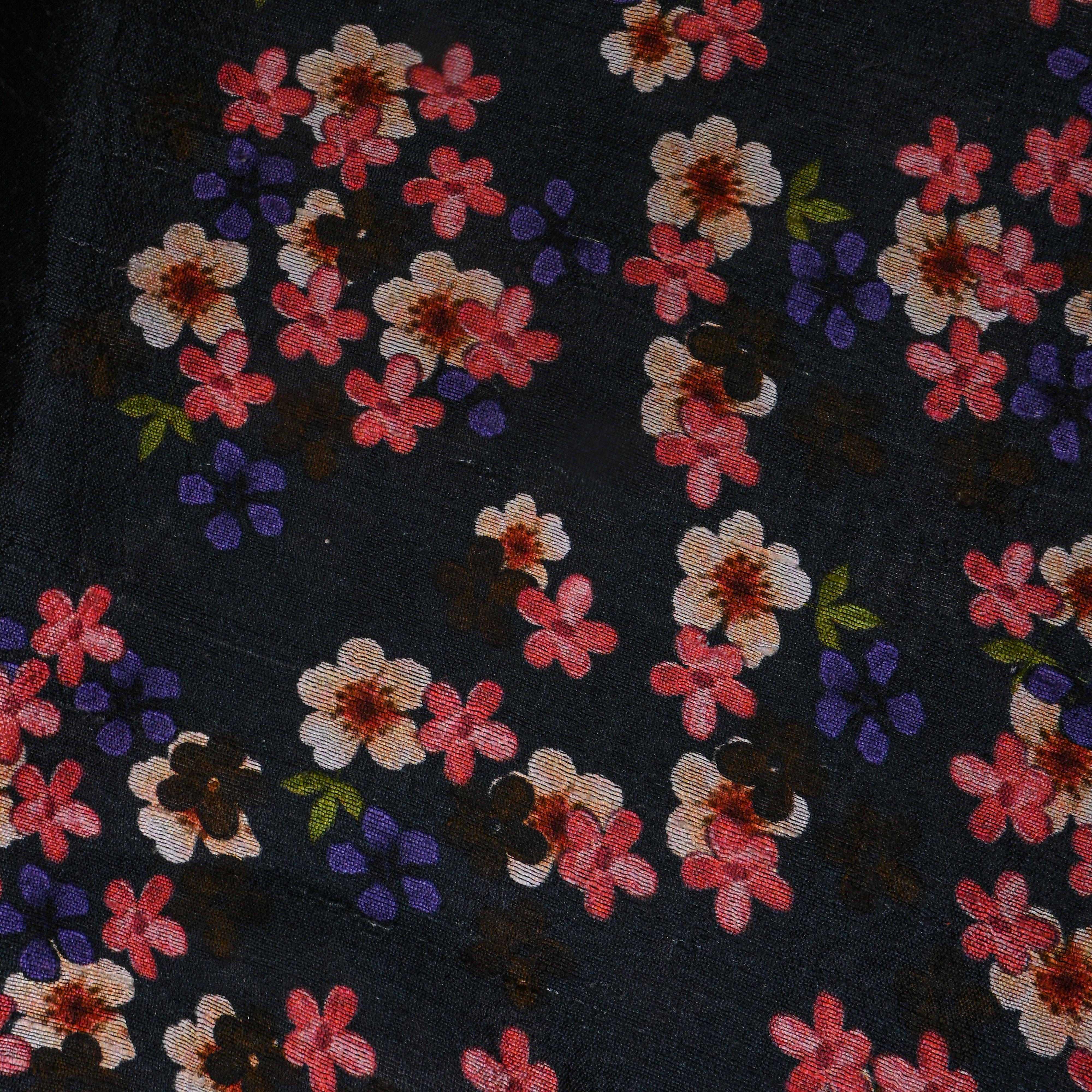 Midnight Black Floral Digital Print Silk Fabric