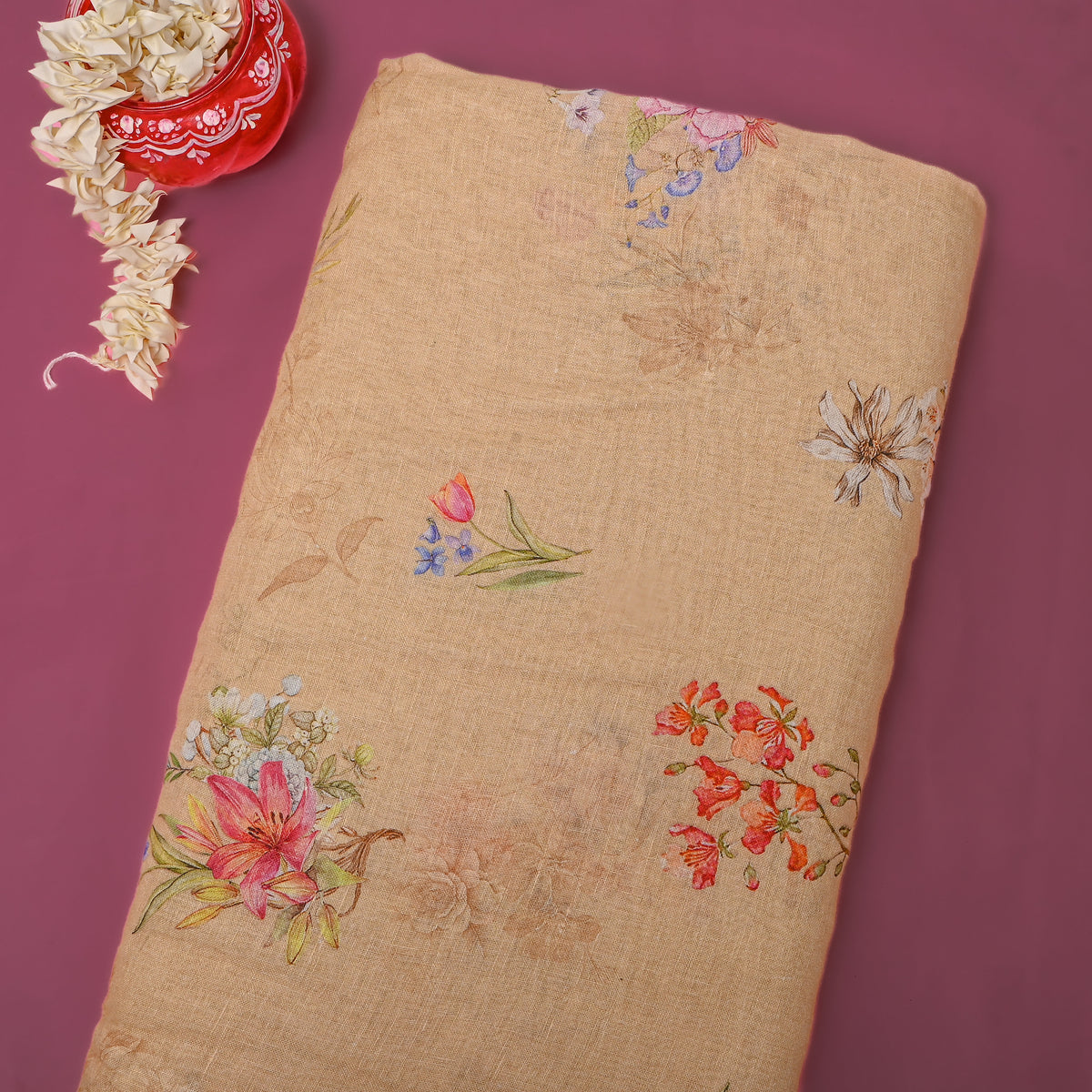 Omber Orange Floral Print Linen Fabric