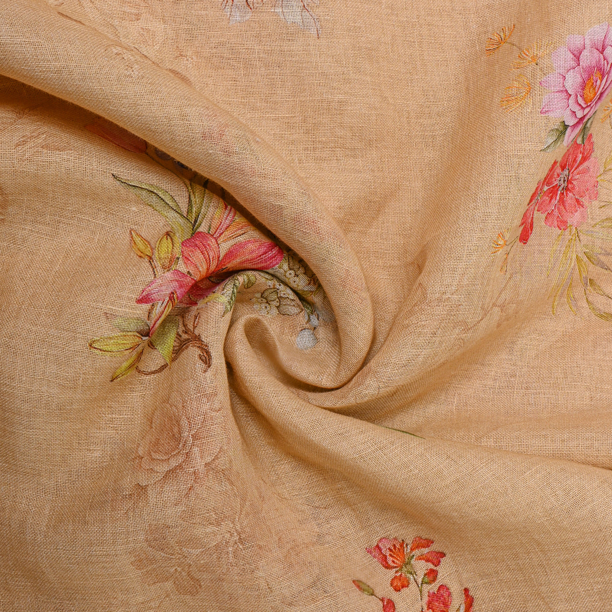 Omber Orange Floral Print Linen Fabric