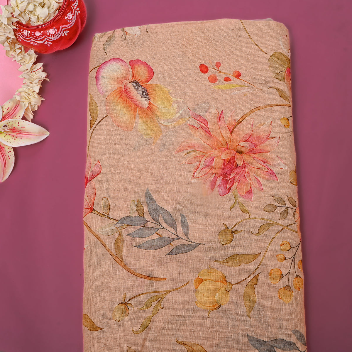 Coral Peach Floral Print Linen Fabric