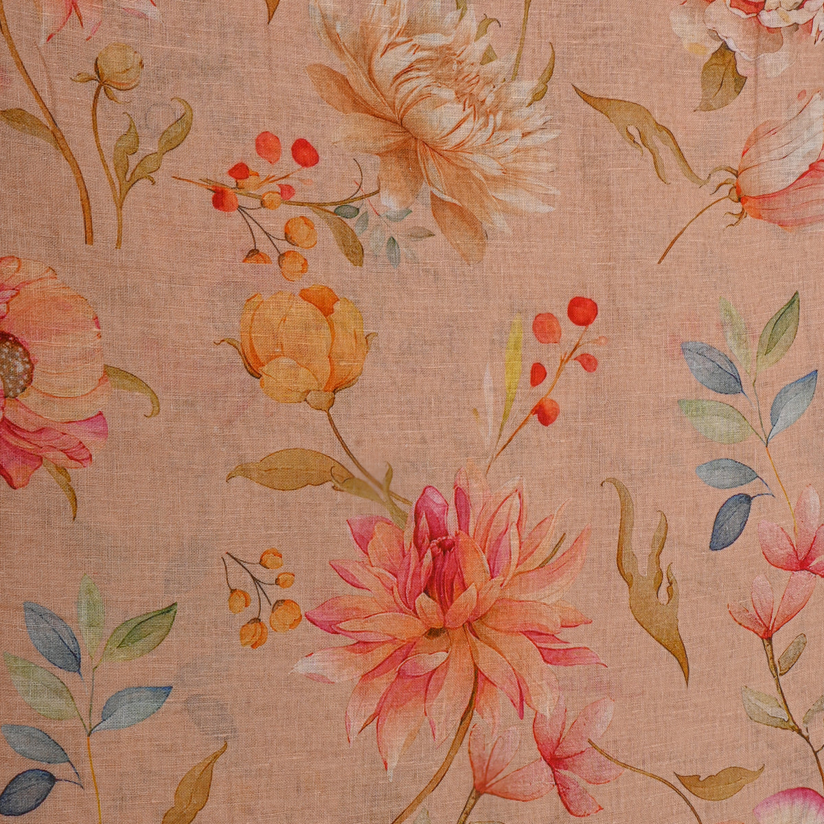 Coral Peach Floral Print Linen Fabric