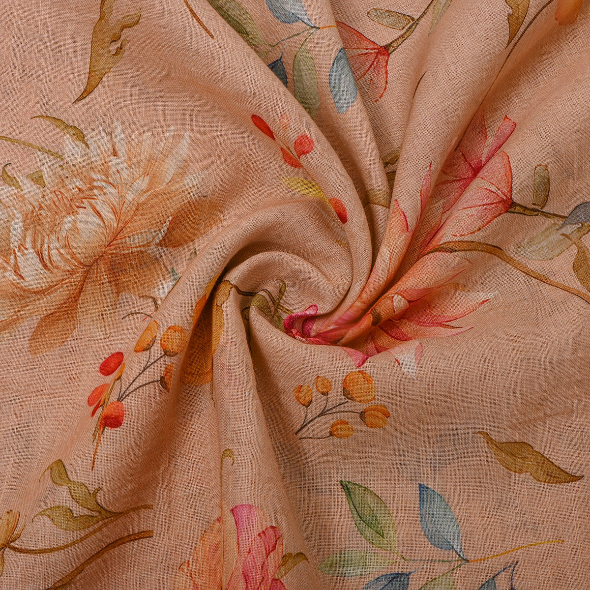 Coral Peach Floral Print Linen Fabric