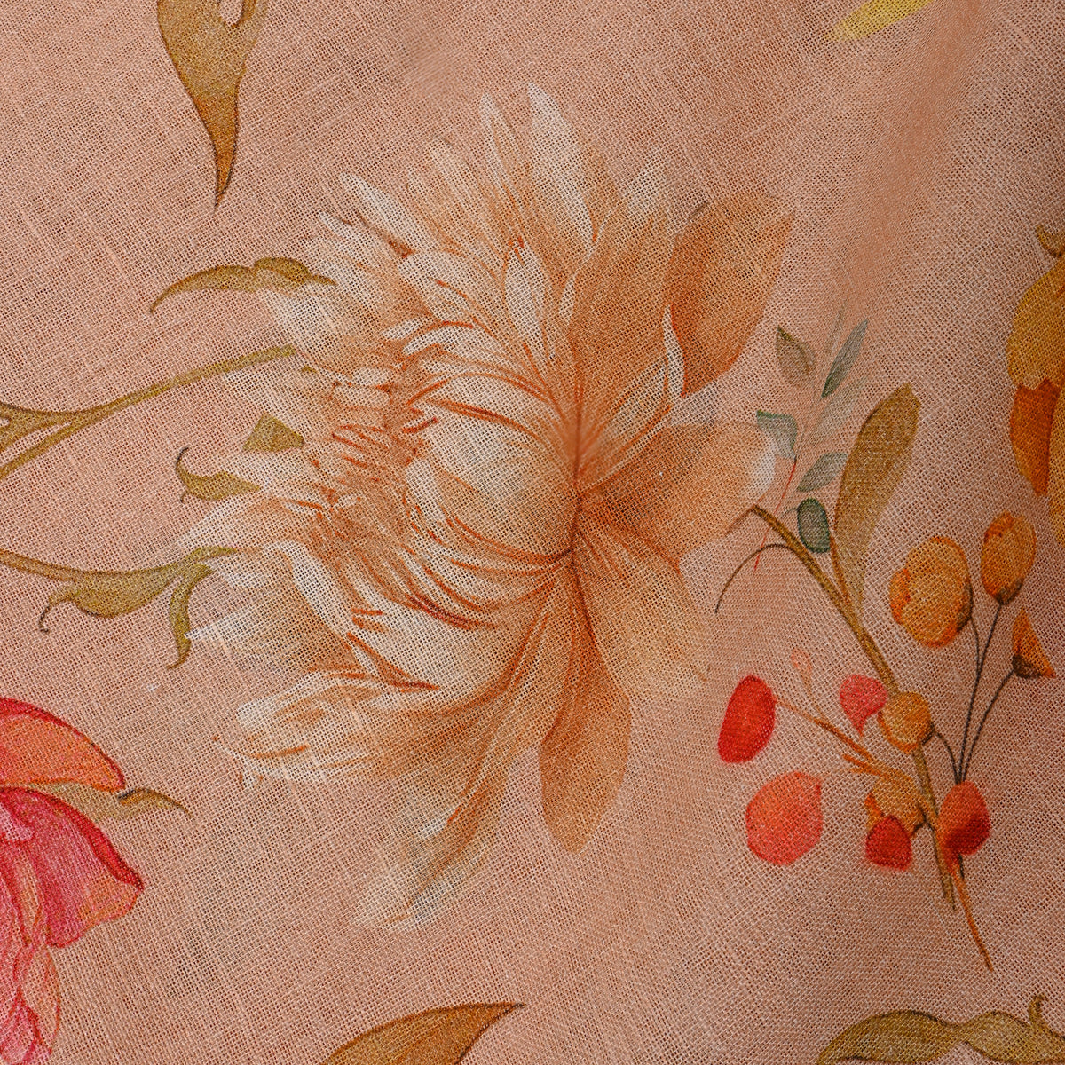 Coral Peach Floral Print Linen Fabric