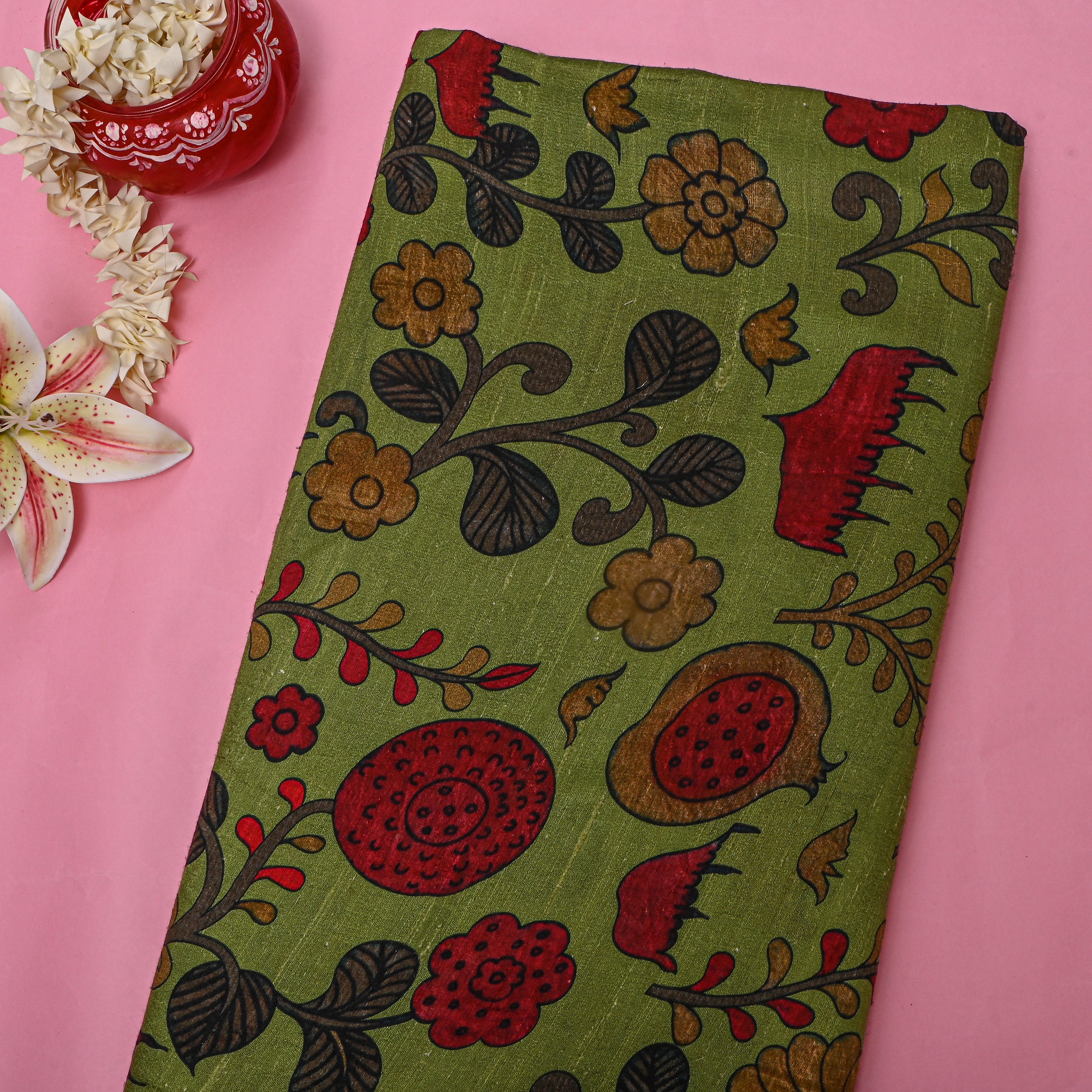 Green Dupion Silk With Kalamkari Print