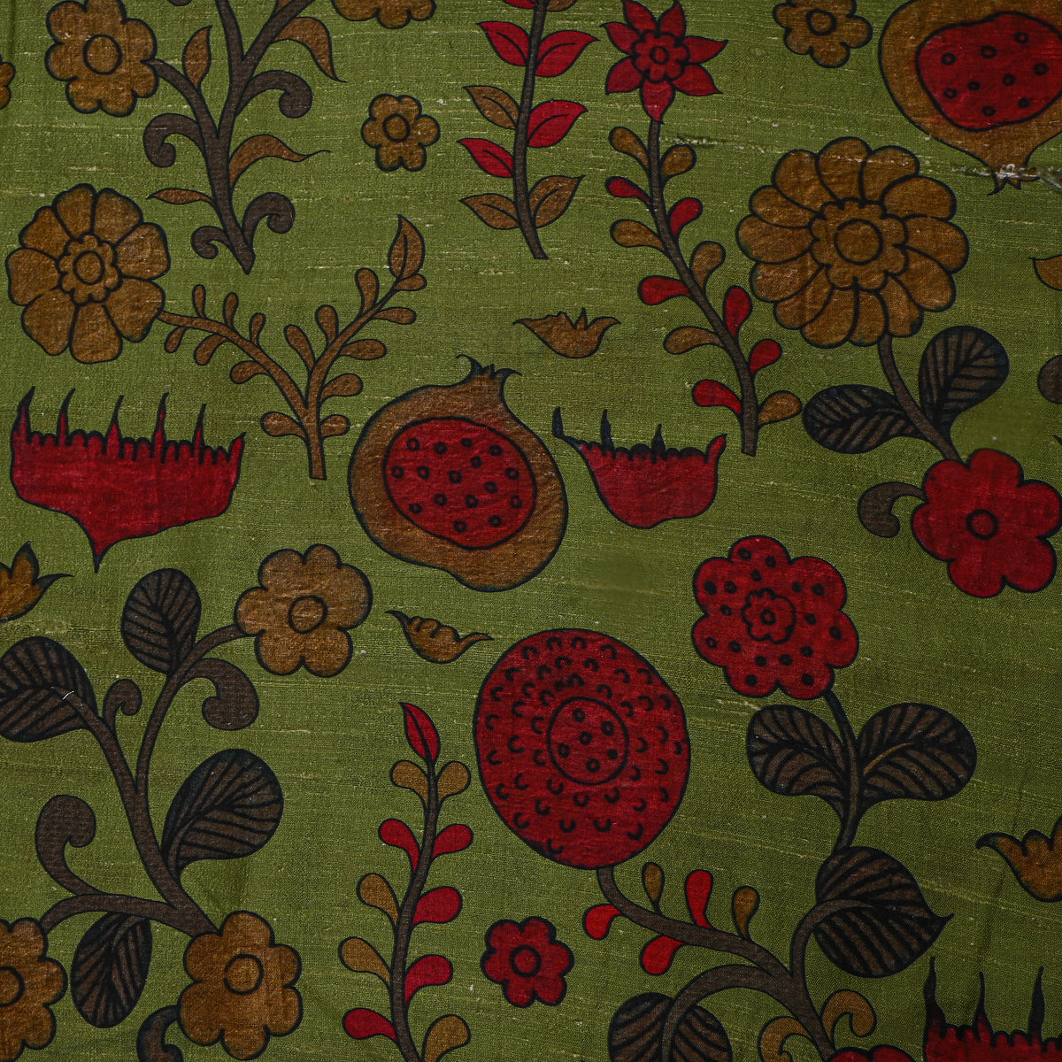 Green Dupion Silk With Kalamkari Print