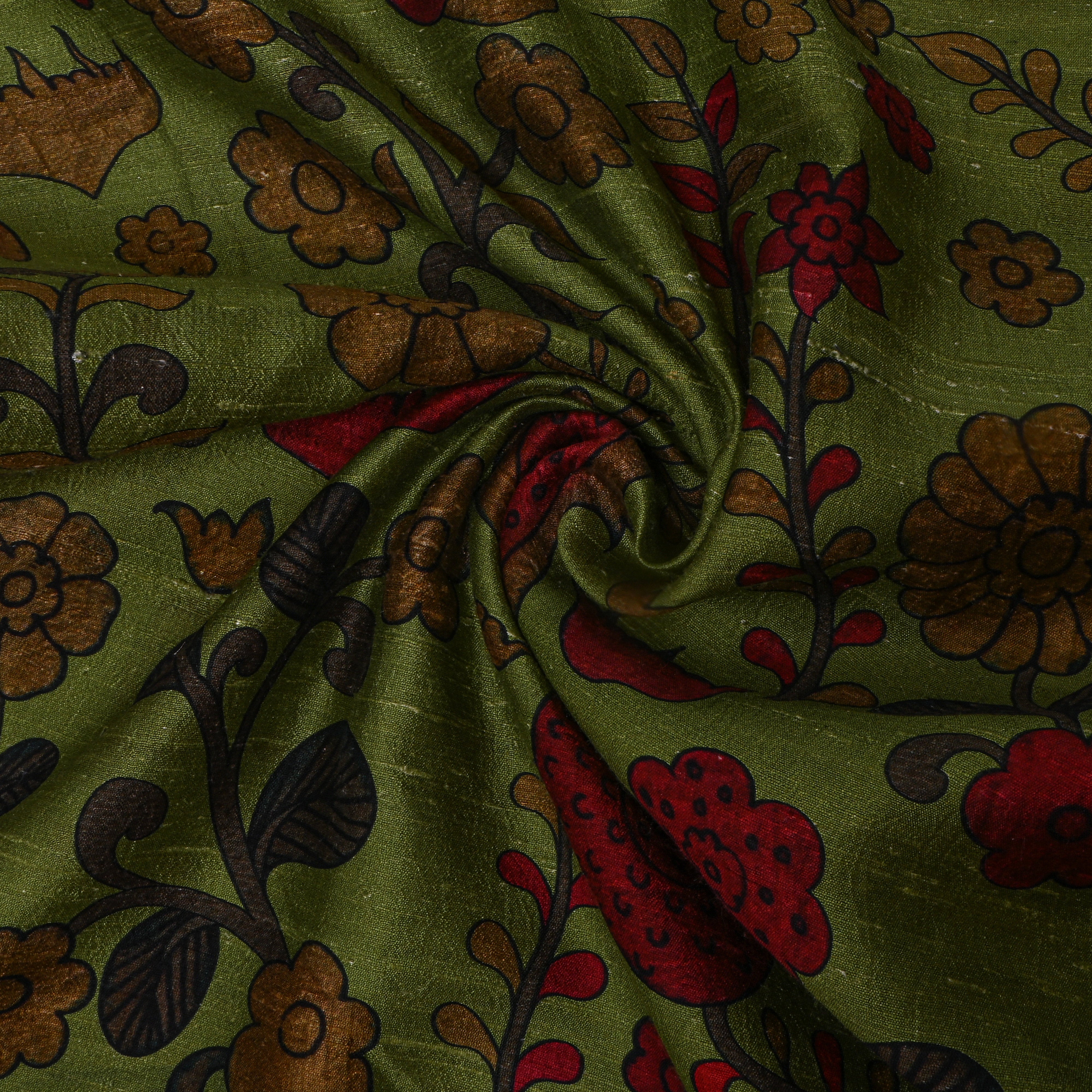 Green Dupion Silk With Kalamkari Print
