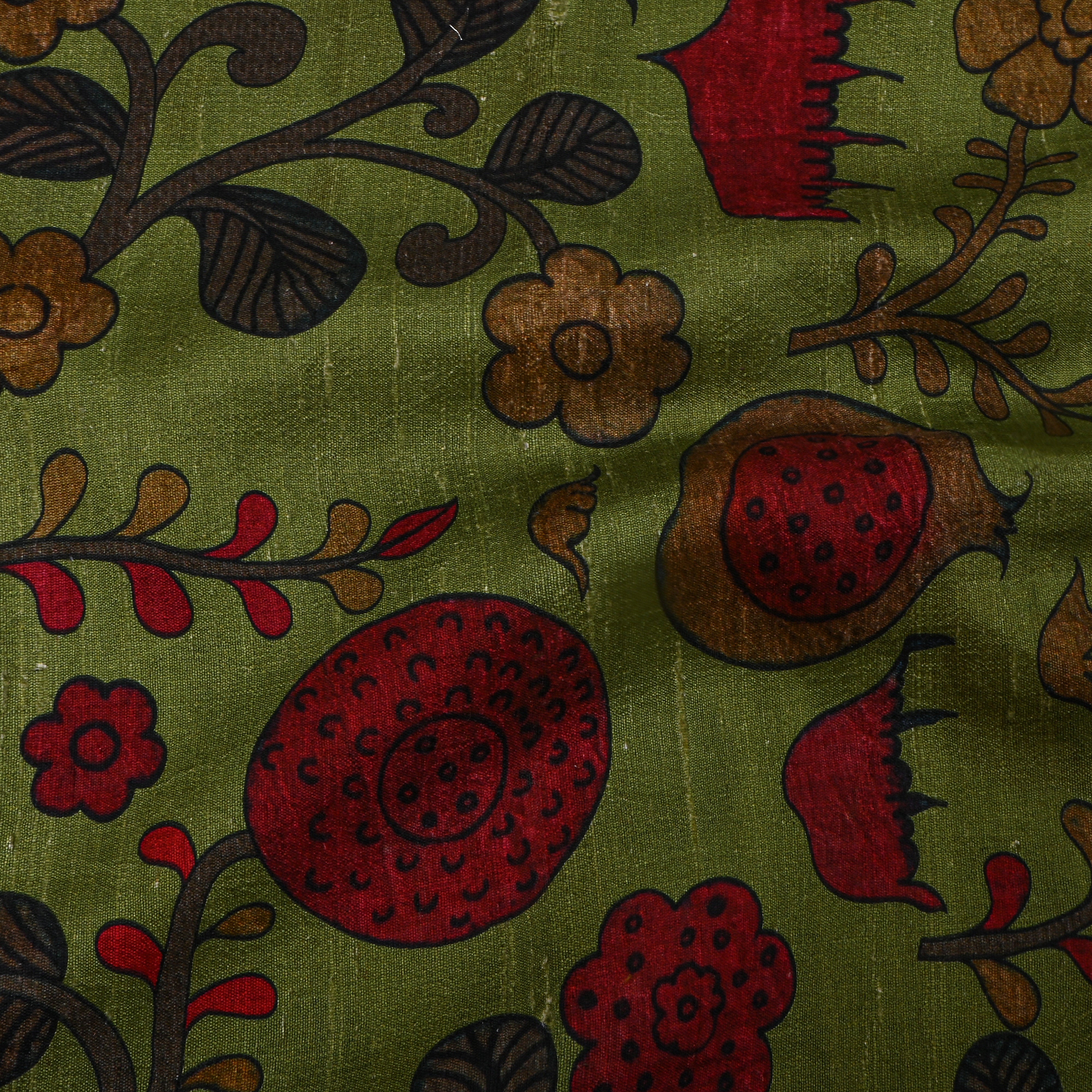 Green Dupion Silk With Kalamkari Print