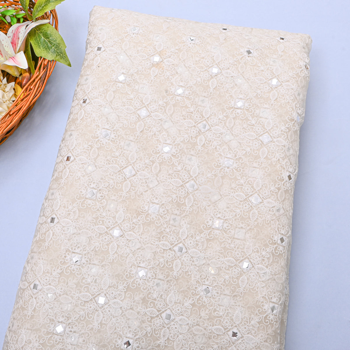 White Mirror Work Thread Embroidery Organza Fabric